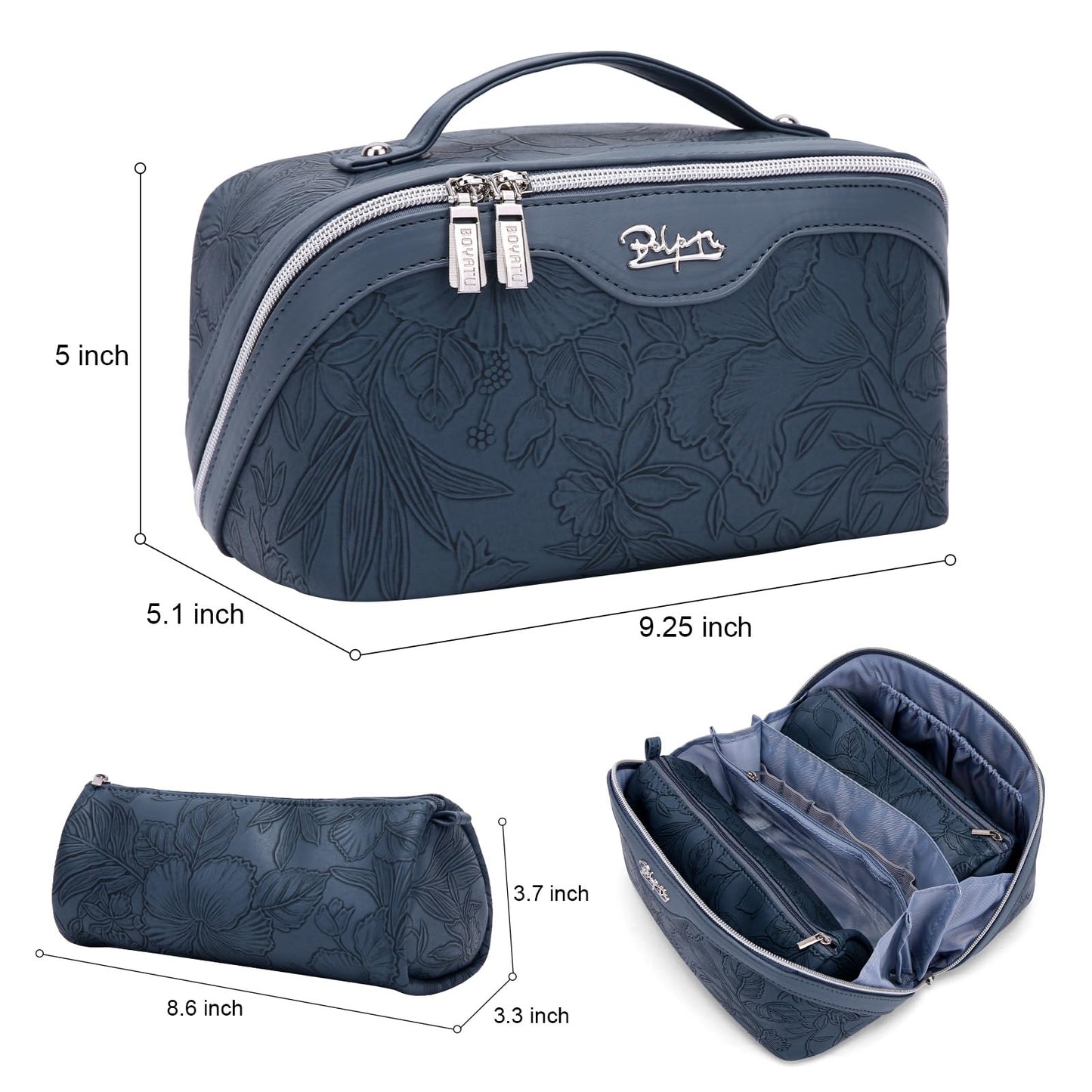 BOYATU Travel Makeup Bags Cosmetic Organizer Bag: 3-Set Large Capacity Make up Bag - PU Leather Toiletry Bags for Women - Wide Open Portable Pouch with Divider & Handle (02-Dark Blue)