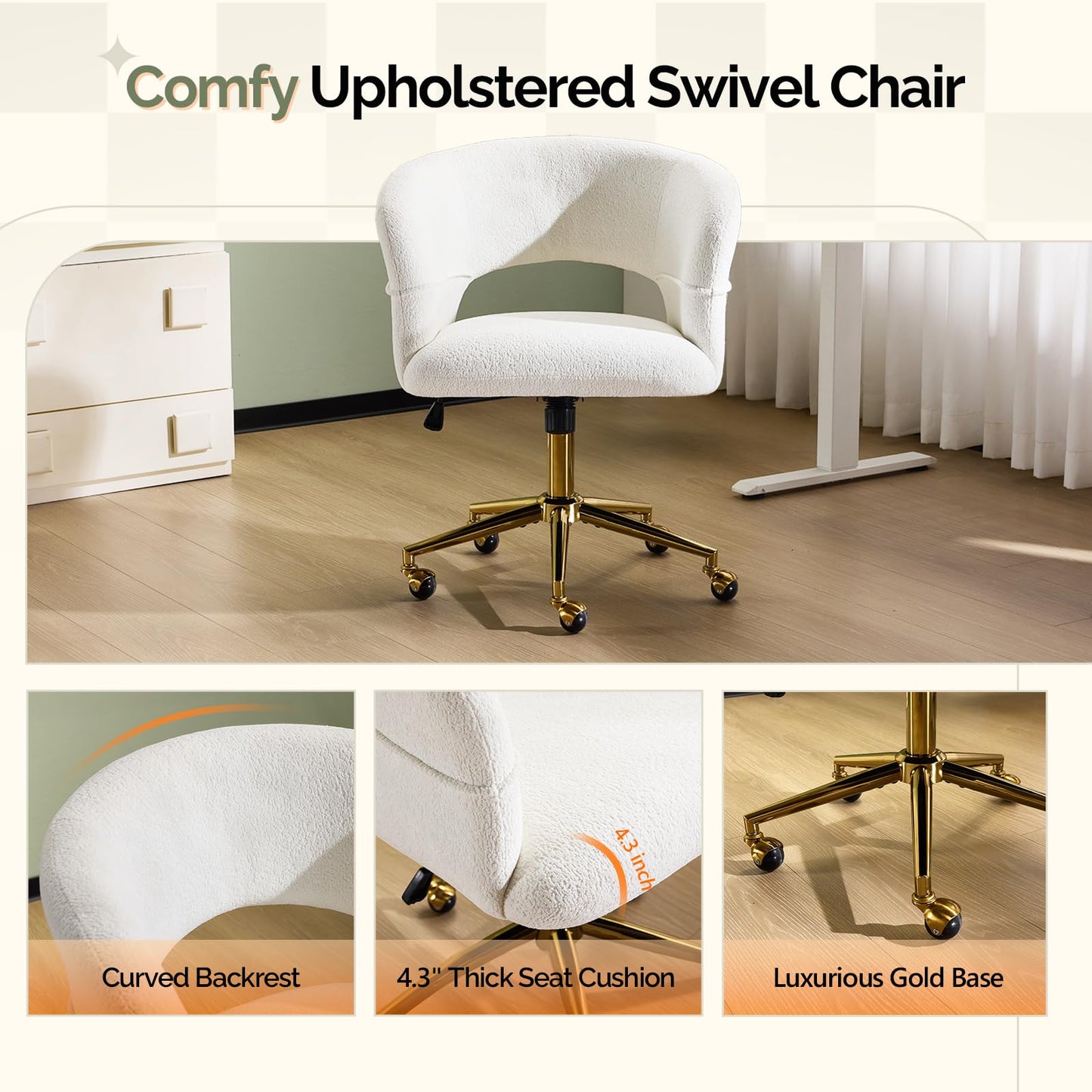 VINGLI Modern Curved Office & Vanity Desk Chair, Cute Upholstered Nail Chair with Wheels & 360° Swivel & Club & Tilting & Gold Base, for Bedroom, Living Room, Makeup, Velvet Chenille, White