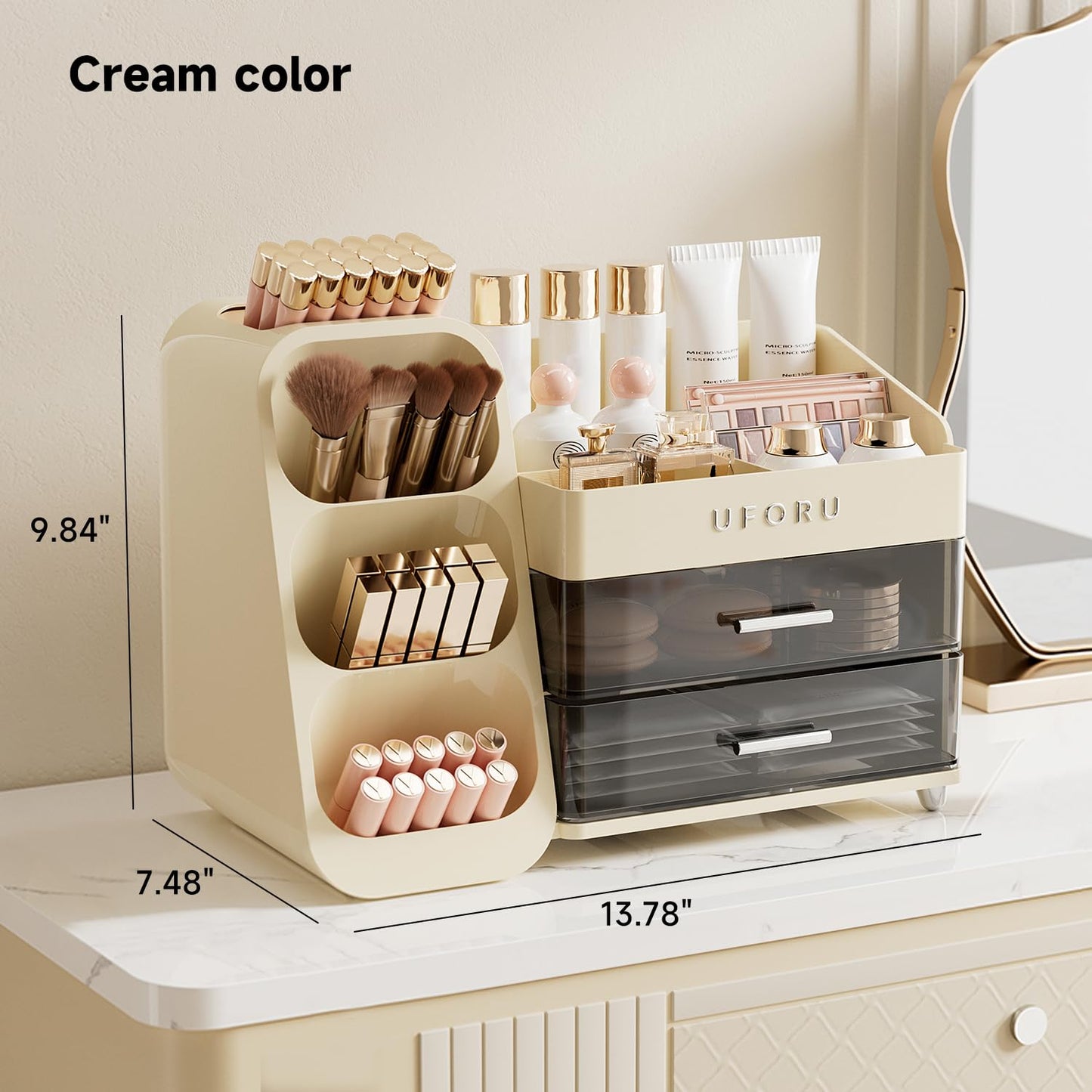 UFORU Makeup Organizer for Vanity with Brush Holder, Large Capacity Bathroom Countertop Skincare Organizer with 2 Drawers, Cosmetic Display Case for Perfumes, Eyeshadow Palettes, Nail Polishes