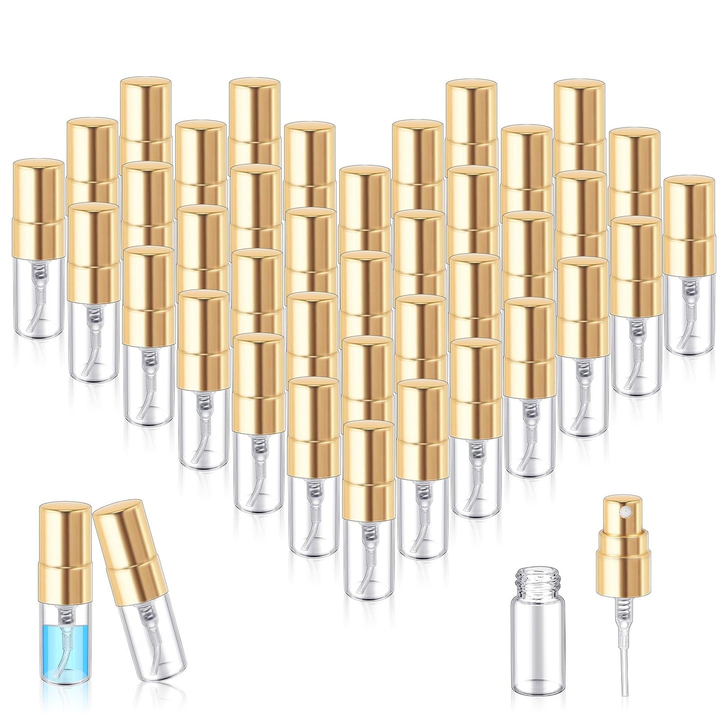 Zhehao 200 Pcs Mini Spray Bottles 2 ml Clear Glass Perfume Bottles Refillable Fine Mist Perfume Atomizer Portable Empty Sample Containers for Cleaning, Essential Oils, Travel (Gold Cap)