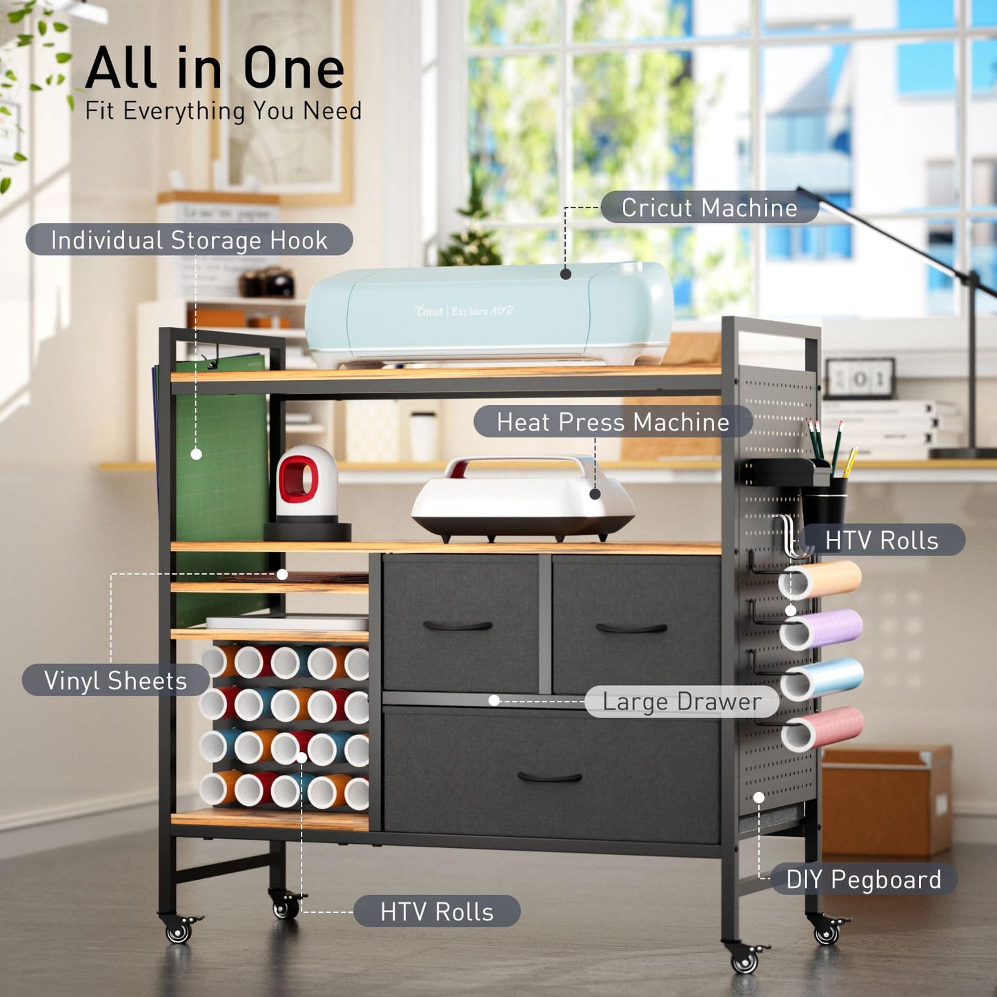 PUNLUXU Organizers and Storage Compatible with Cricut Machines - Vinyl Roll Holder, DIY Pegboard with Accessories Organizer, Rolling Craft Table with Storage Cabinet Workstation PU-03 Patent Protected
