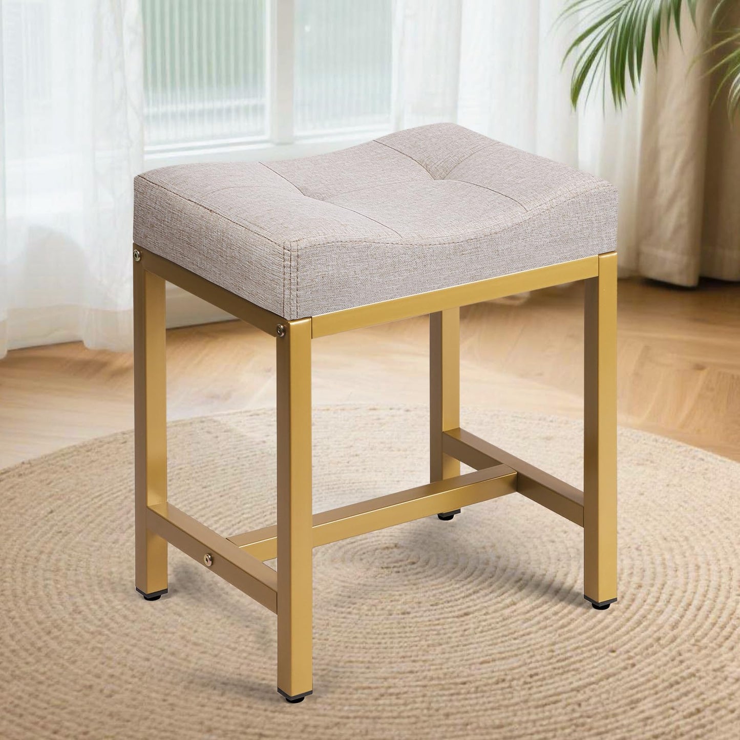 FLYZC Saddle Seat Vanity Stool, Makeup Stool Chair with Metal Leg, U-Shaped Ottoman Foot Rest, Small Square Chairs Under Desk for Vanity, Living Room, Modern Makeup Bench Linen Light Brown&Gold