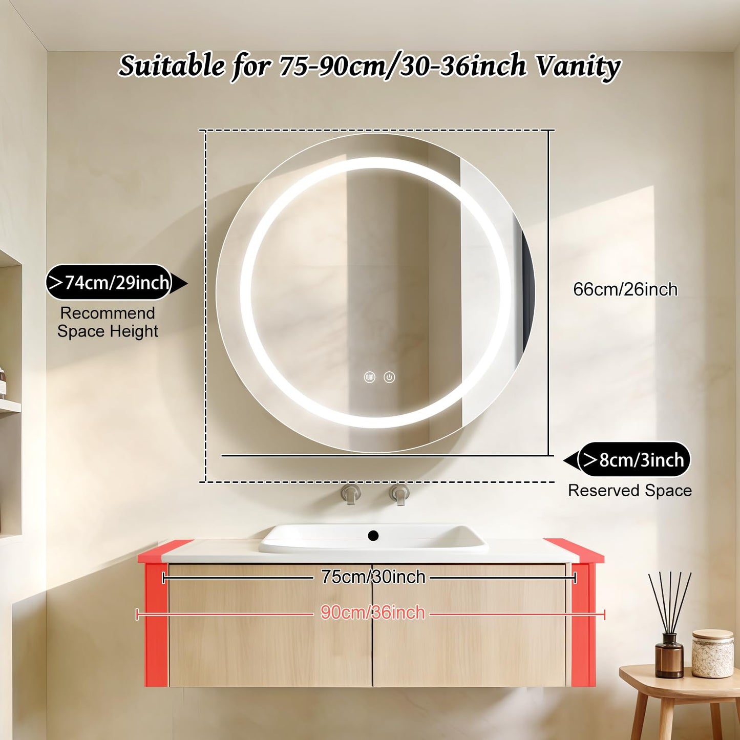 Janboe 26inch Round Medicine Cabinet with Lights,Led Medicine Cabinet with Defogger,Illuminated Mirror Cabinet for Bathroom,Dimmable,Anti-Fog,3 Colors,Surface Mount only,Gold