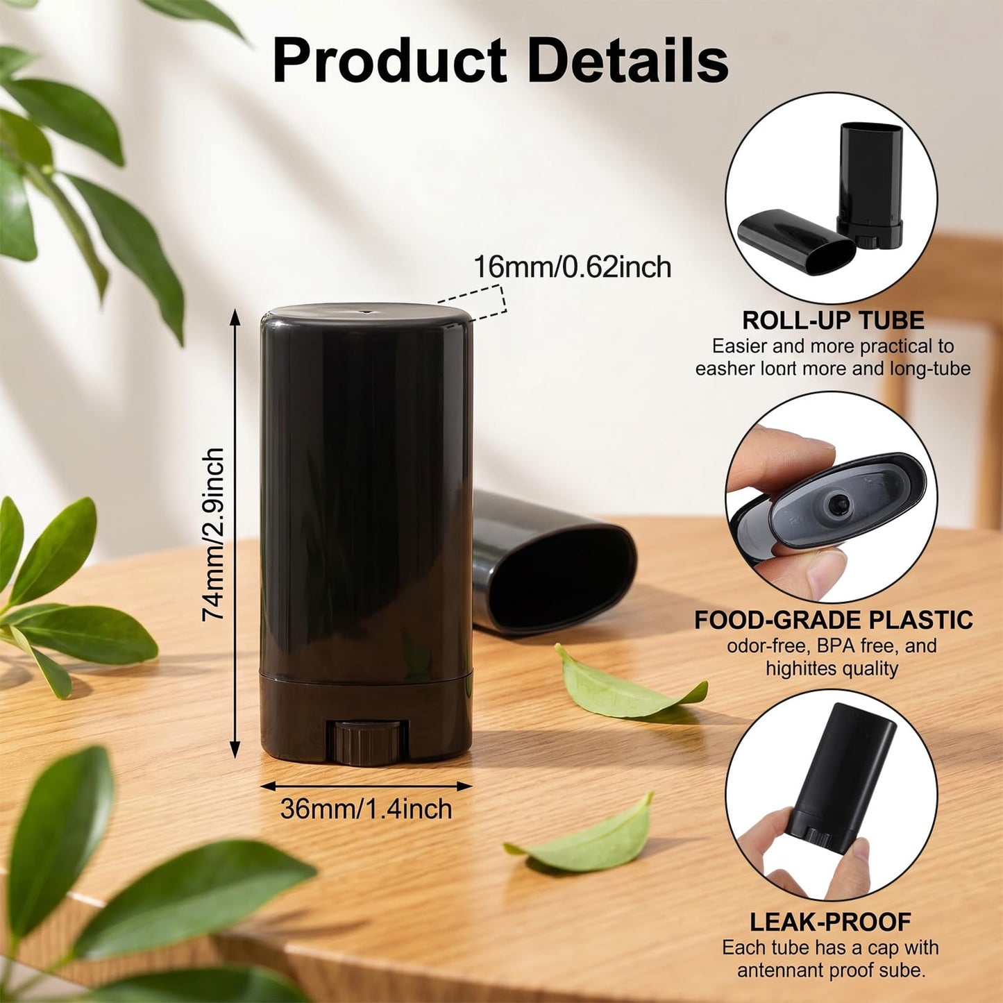 Afcabakila 50 Pack Empty Deodorant Containers 0.5 Oz/15ml Black Deodorant Containers Twist Up Plastic Tubes For Lip Balm Homemade Salve Solid Lotion Perfume Stick Travel Size