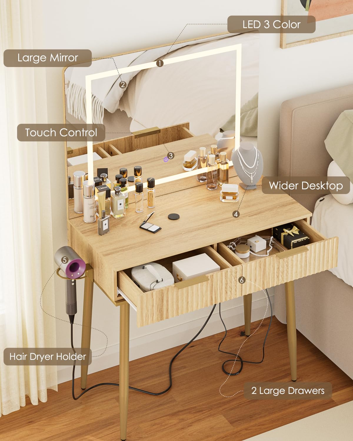 Apetaccat Vanity Desk with Large Mirror and Lights, Small Makeup Vanity Table with 2 Drawers, Dressing Table with 3 Adjustable Lighting Color, Small Makeup Desk for Bedroom, Natural with Gold Leg