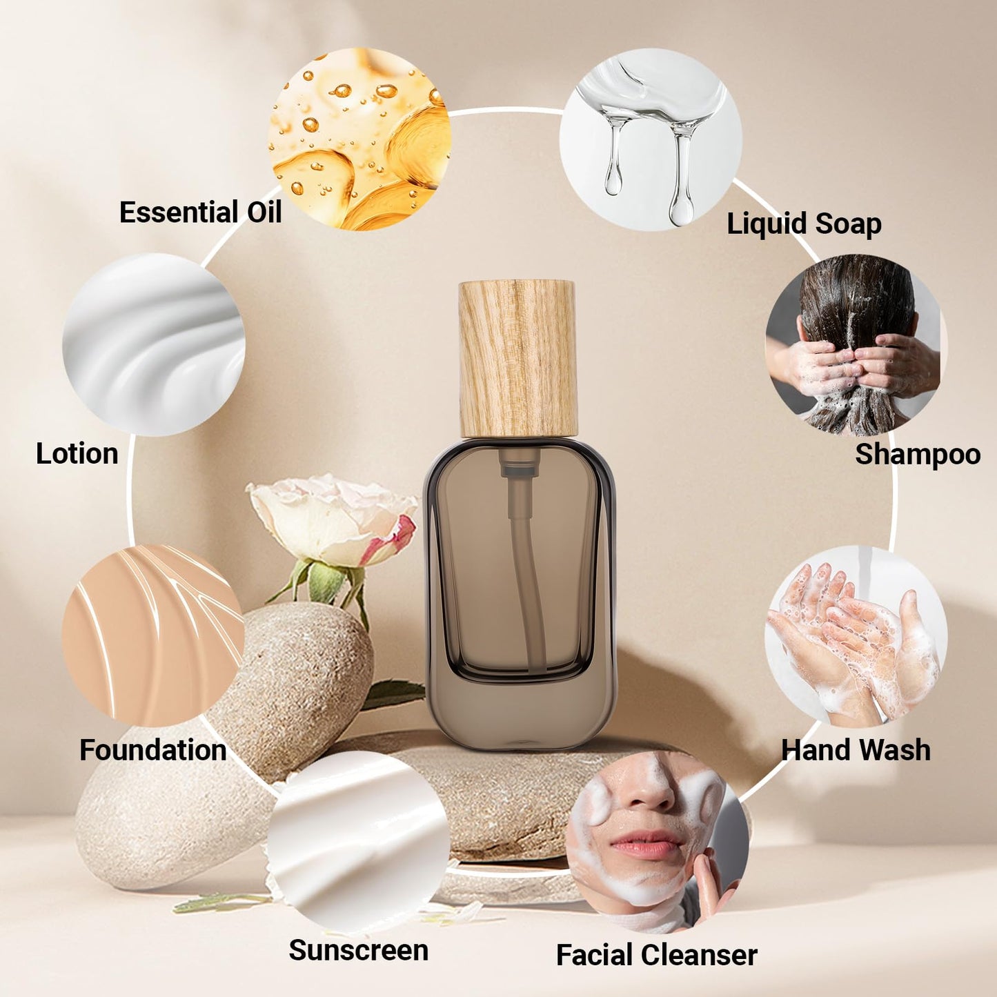 Segbeauty 1oz Glass Pump Bottle Dispenser Empty for Moisturizer, 2pcs Mini Travel Bottles Refillable, 30ml Glass Travel Containers for Cream Foundation Oils, Black Small Lotion Bottle with Pump