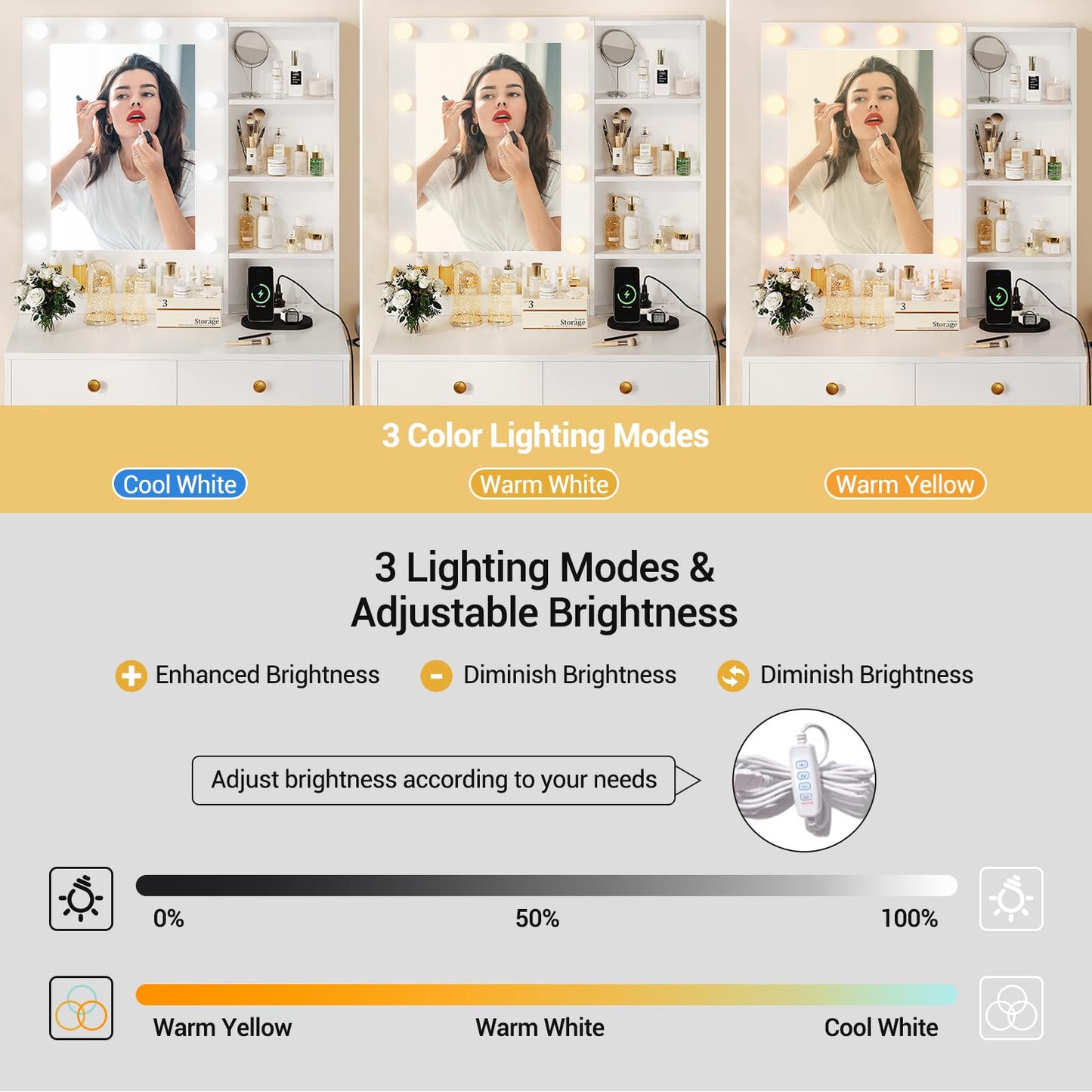 Garvee White Makeup Vanity Desk Set with Mirror, 3 Adjustable Lighting Modes, 2 Drawers, Built-in Charging Station & Stool for Bedroom & Dressing Room
