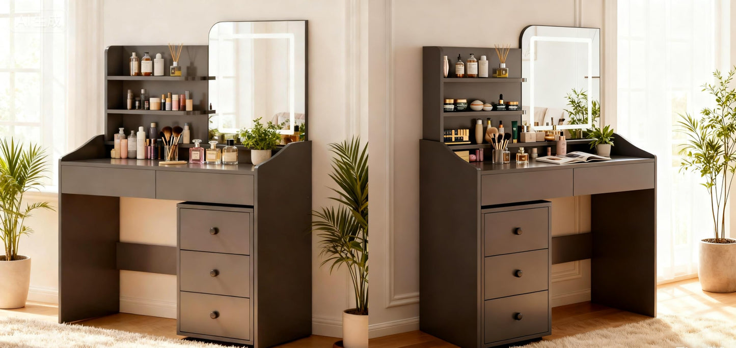Oiroporz Vanity Desk with LED Mirror, Movable Cabinet, 5 Drawers & Open Shelves, 3-Color Adjustable Lighting for Bedroom