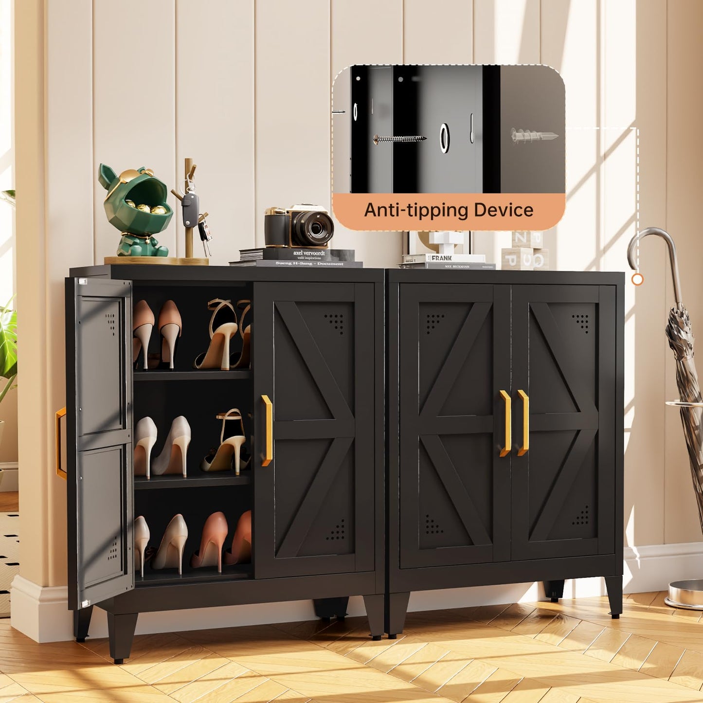 JHYKFG 32" Metal Kitchen Pantry Cabinet,Floor Bathroom Storage Cabinet with 2 Adjustable Shelves,Freestanding Sideboard for Small Spaces, Living Room, Hallway, Dining Room,Black