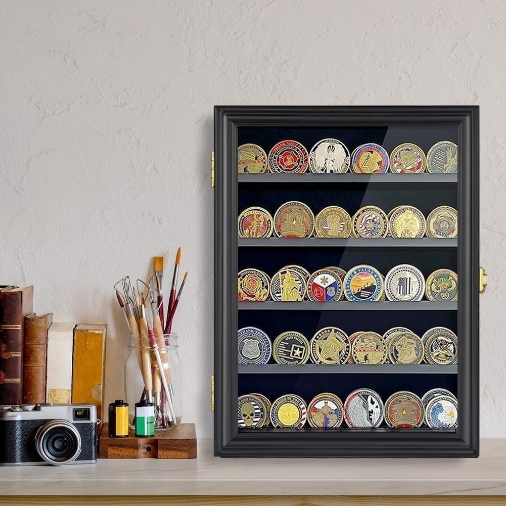 Military Challenge Coin Display Case Holder, Lockable Wooden Army Coins Display Box Cabinet with Anti Fade Acrylic Glass Door, Coin Stand Rack with Removable Shelves and Wall Mounted, Black
