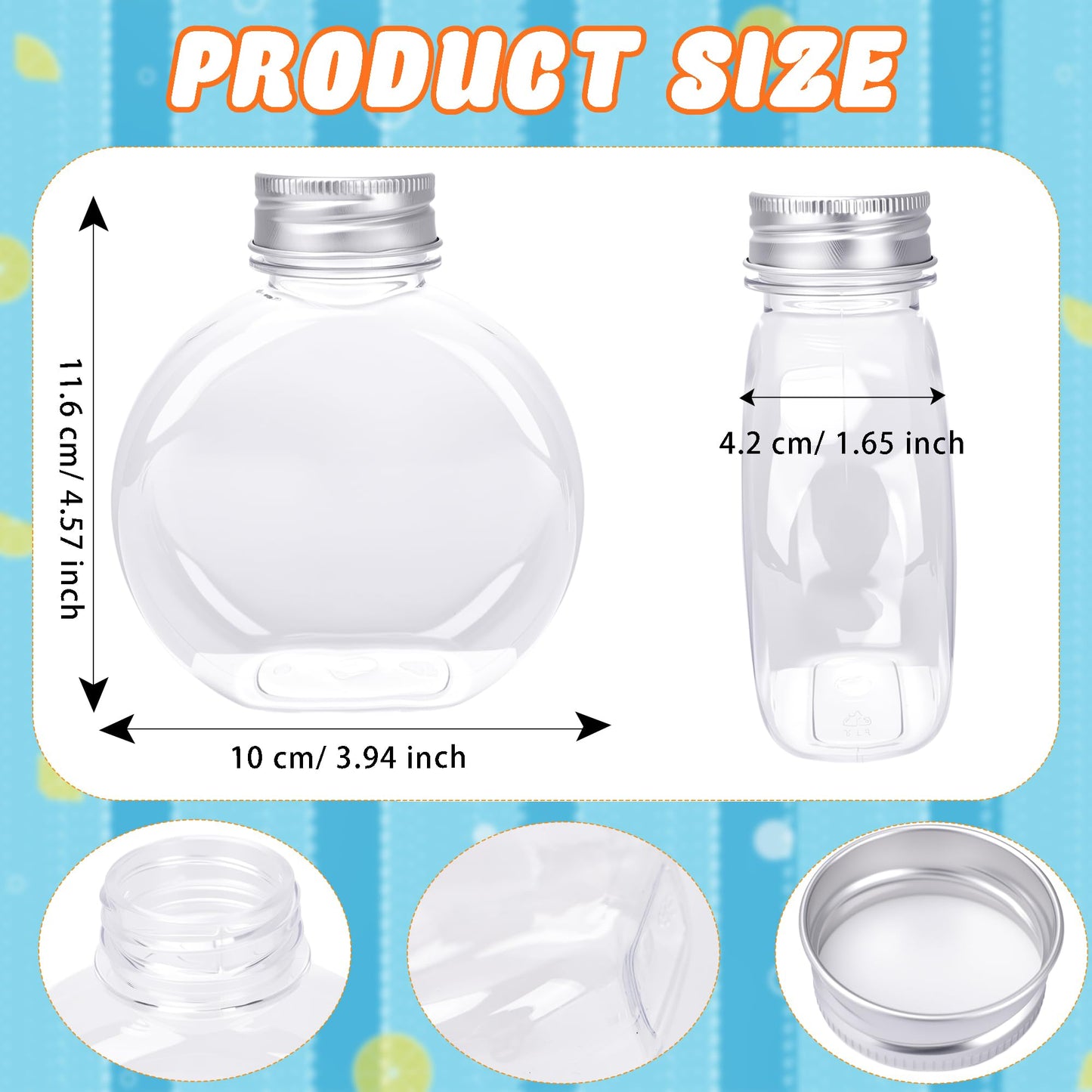 32 Pack Plastic Juice Bottles with Silver Aluminum Cap Clear Mini Plastic Flask Bulk 10 oz Leak Proof Juice Container Round Flat Beverage Container for Milk Coffee Picnic Christmas Birthday Party