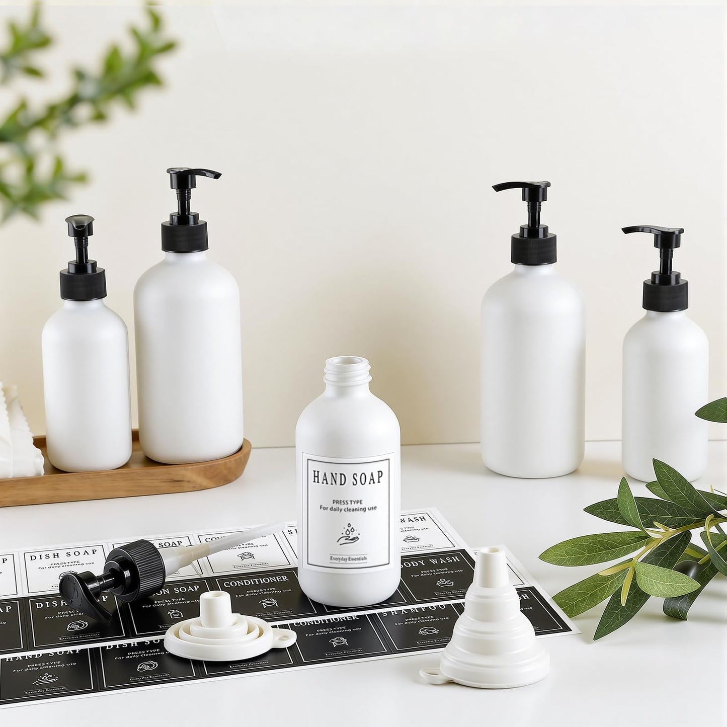 TBWIND 12 Pack 8oz White Glass Soap Dispenser Bottles with Pumps, Refillable Glass Bottles for Shampoo, Conditioner & Lotion, Ideal for Bathroom, Kitchen, Waterproof Labels & Funnels Included