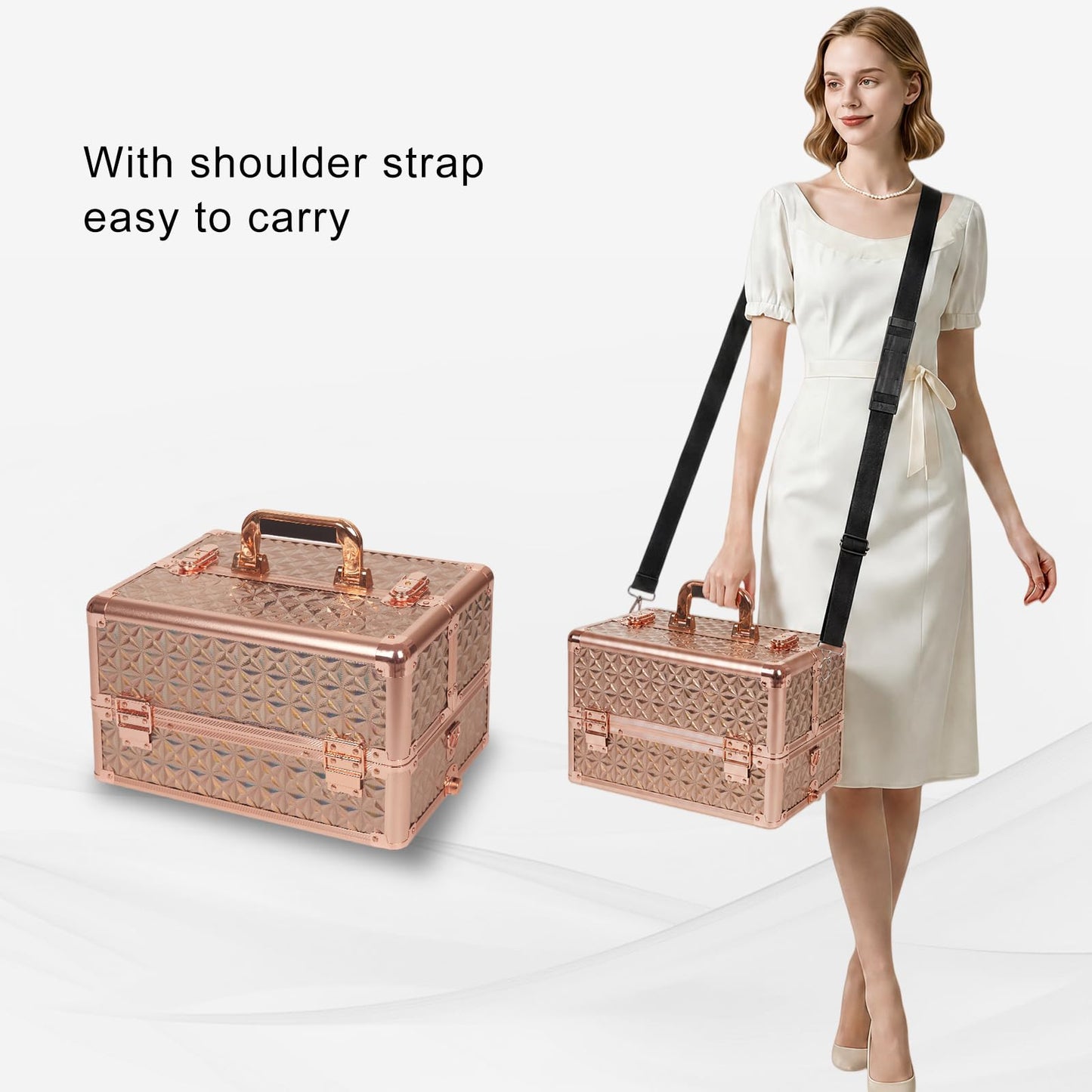 Yujesyde Rolling Makeup Train Case 6 in 1 with Mirror & Lock, Professional Makeup Travel Case, Large Cosmetic Organizer for Cosmetologists & Nails, Bonus 4 Replacement Wheels (6, Gold Holographic)