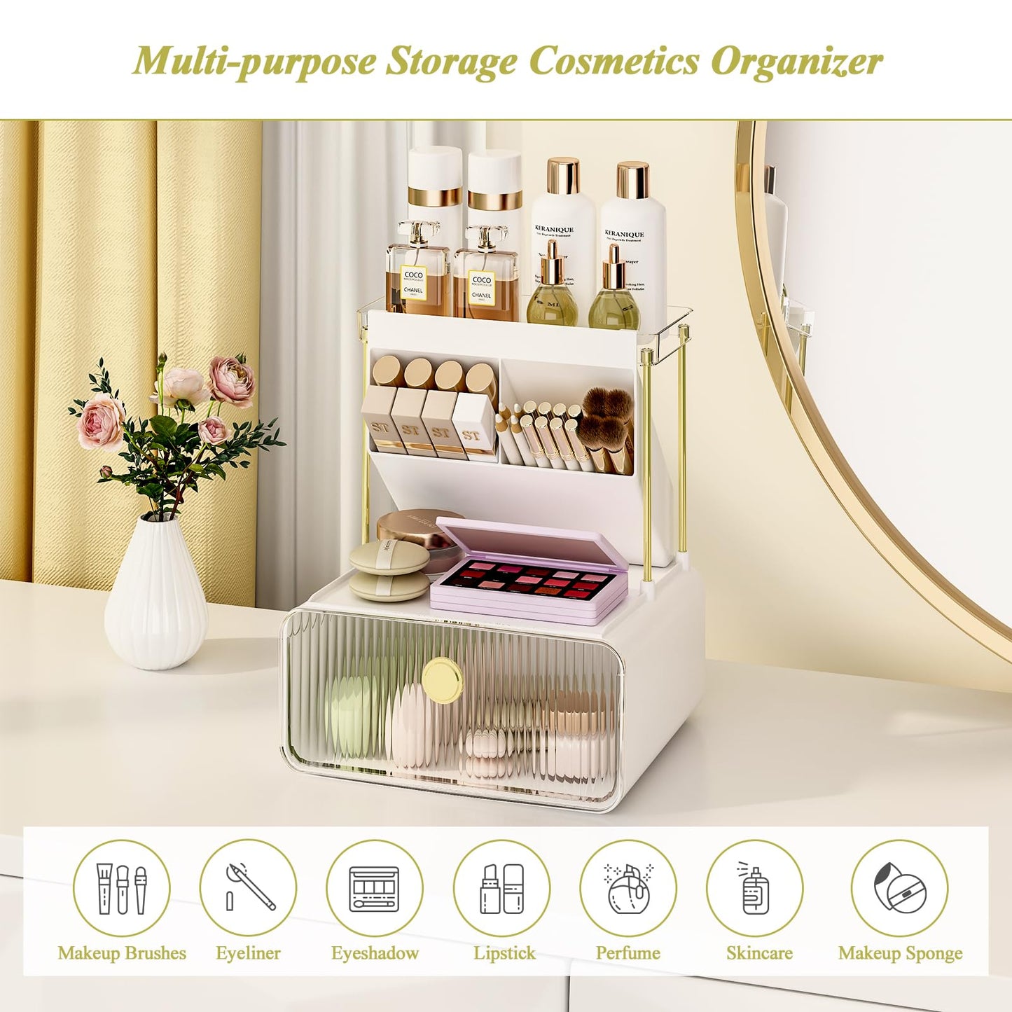 FOLLOWIN Bathroom Counter Organizer with Drawer, Dresser Top Organizer with Make Up Brush Holder, Makeup Shelf, Vanity Organizers, Cosmetic Perfume Organizer, Clear