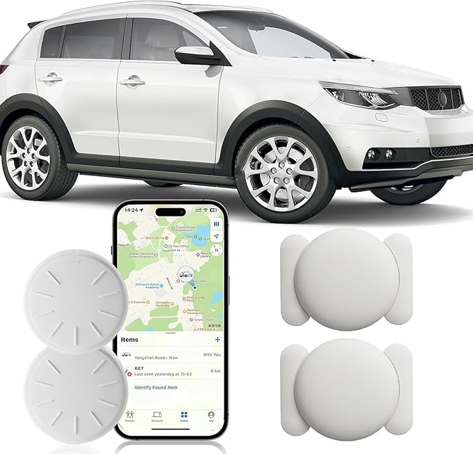 Tracker Device for Vehicles,Mini Hidden Car Tracker with Magnetic Case,No Monthly Fee Tracker,Car Locator Work with Apple Find My(iOS Only) (2PCS White Tracker, White Magnetic Case)