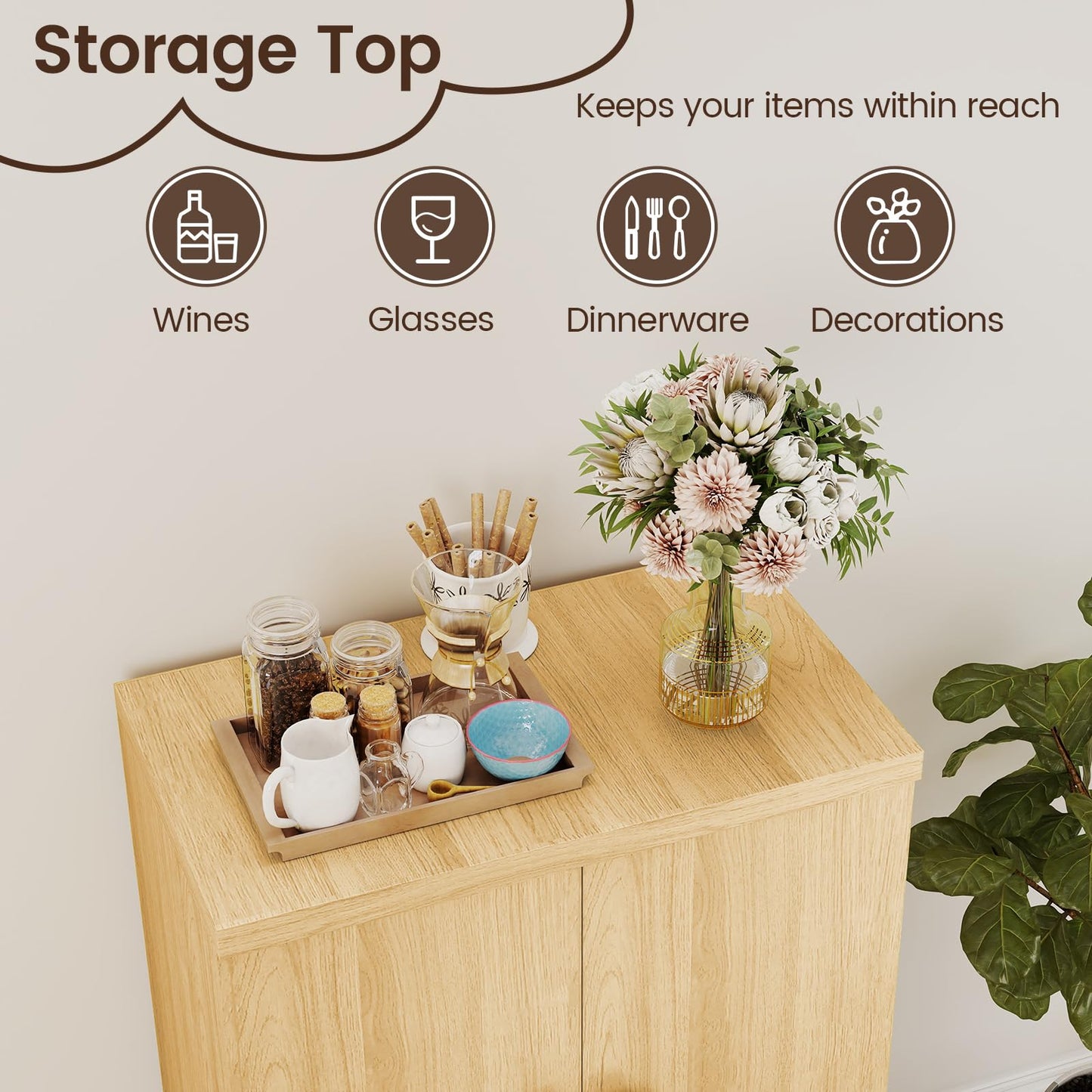 LOKO 2-Door Buffet Cabinet, Modern Storage Cabinet with 3 Detachable Shelves, Exquisite Handles, Raised Legs, Freestanding Sideboard for Kitchen, Pantry, Dining Room, Living Room, Natural