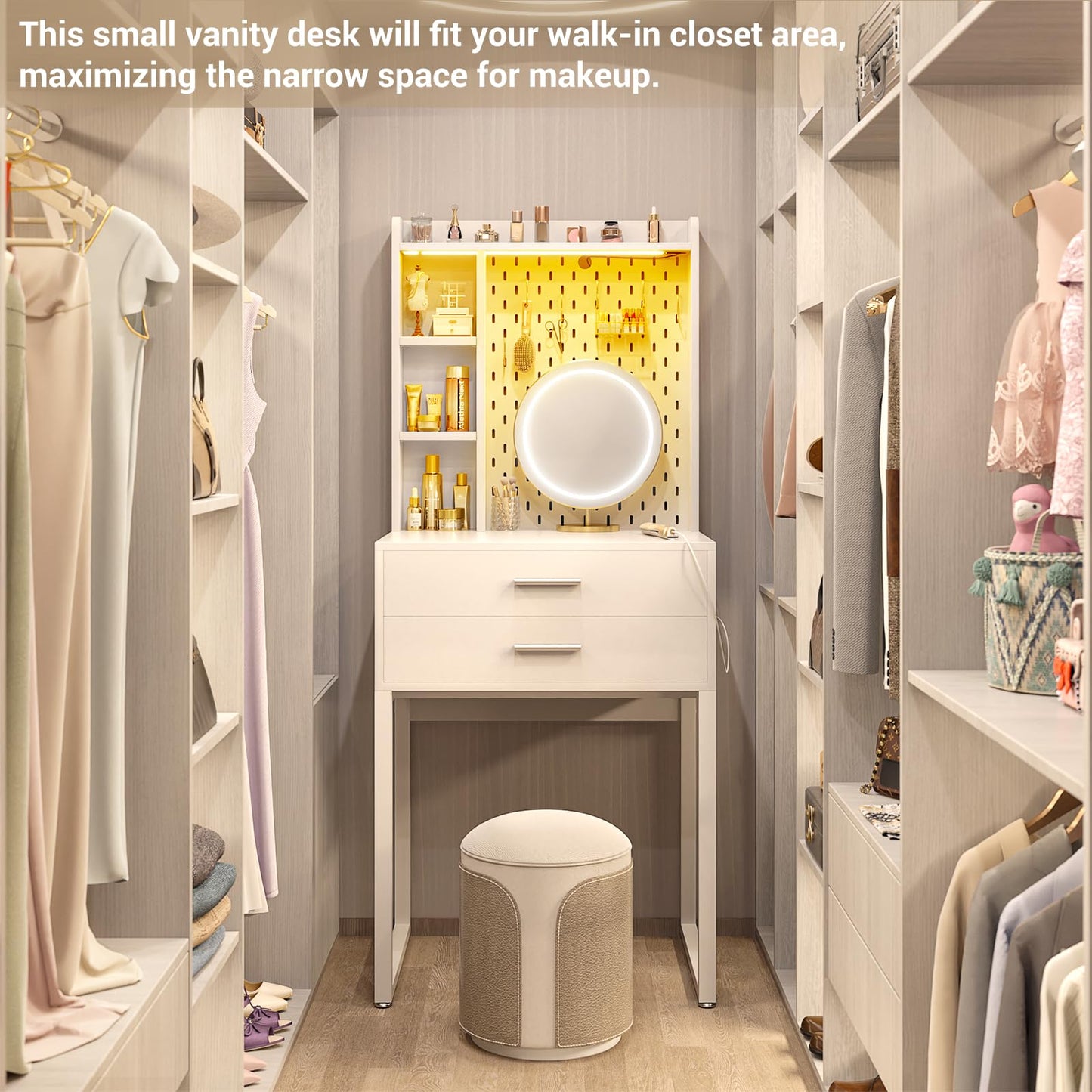 Besiost Small Vanity Desk with Hutch and Drawers, White Makeup Vanity Desk with Charging Station, Vanity Table Dressing Table with LED Lights, Vanity Desk No Mirror with Pegboard for Girls Women, 24"