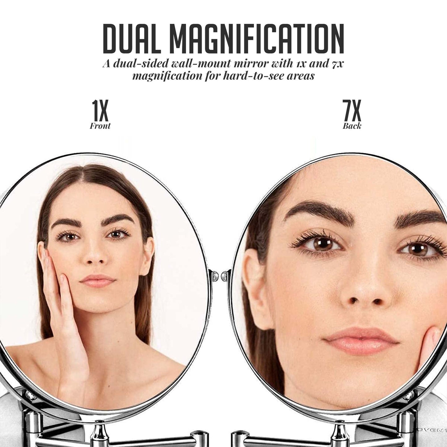 OVENTE 9" Wall Mounted Makeup Mirror with 1X/7X Magnification, Double Sided Magnifying Round Bathroom Vanity Mirror, 360° Swivel Design, Extendable and Folding Arm, Polished Chrome MNLFW90CH1X7X
