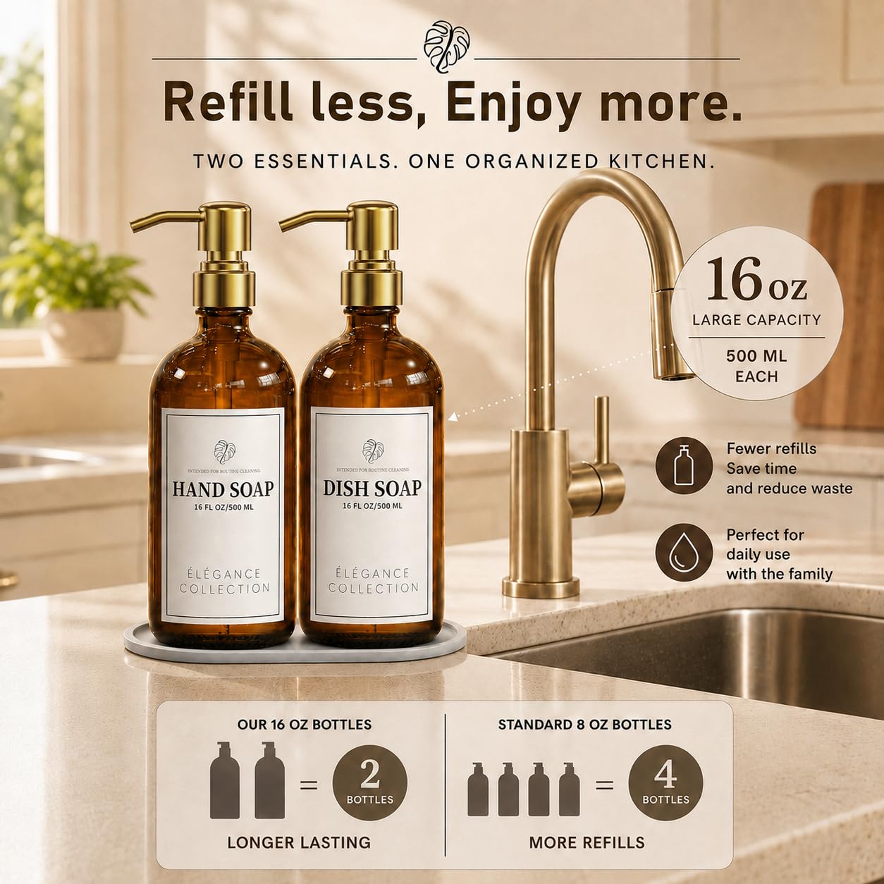 Fachixy Amber Glass Soap Dispenser (2 Pack), 16 Fl Oz Hand & Dish Soap Dispenser Bottles Set with Rust-Resistant Stainless Steel Pump, Non-Slip Pad, 14 Waterproof Labels for Kitchen and Bathroom
