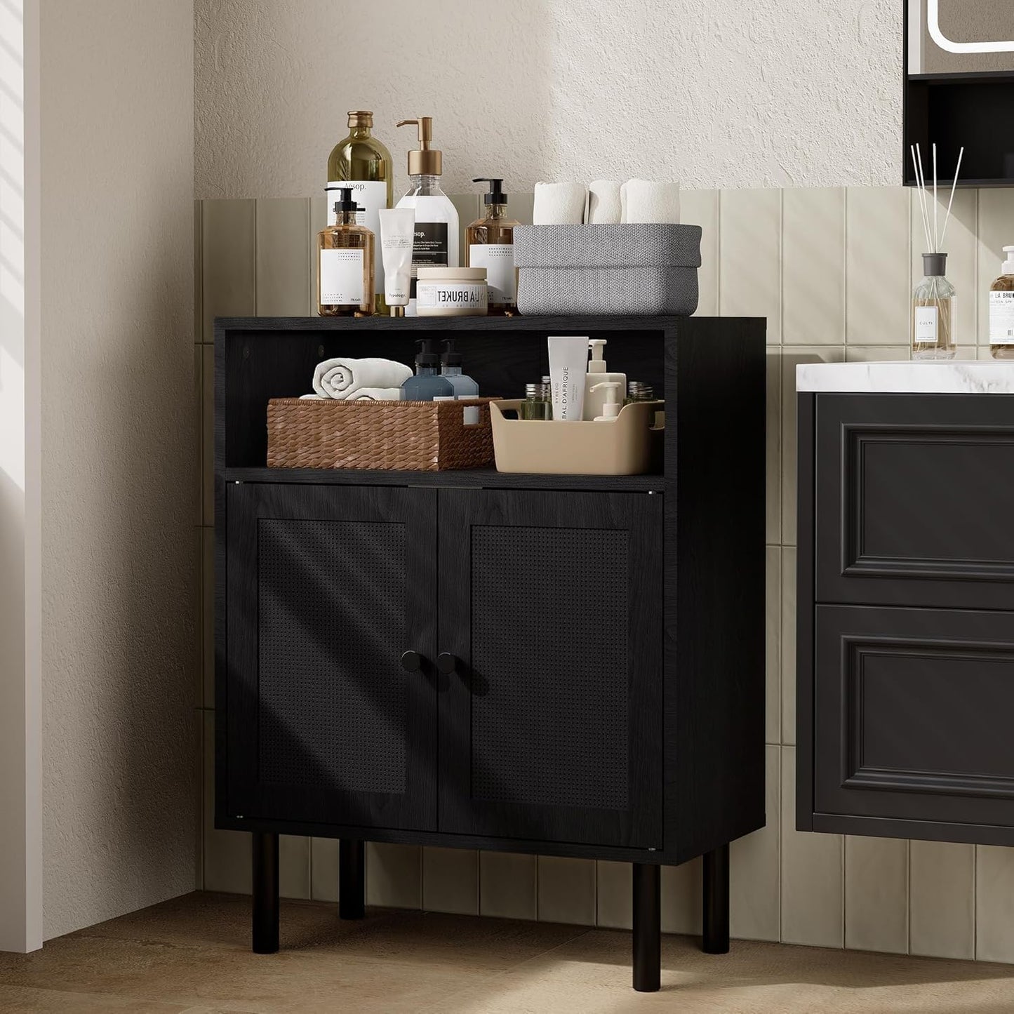 DongRong Rattan Storage Cabinet, Boho Accent Cabinet with Double Doors, Small Freestanding Sideboard for Hallway, Laundry Room,Kitchen, Dining Room, Entryway (Black)