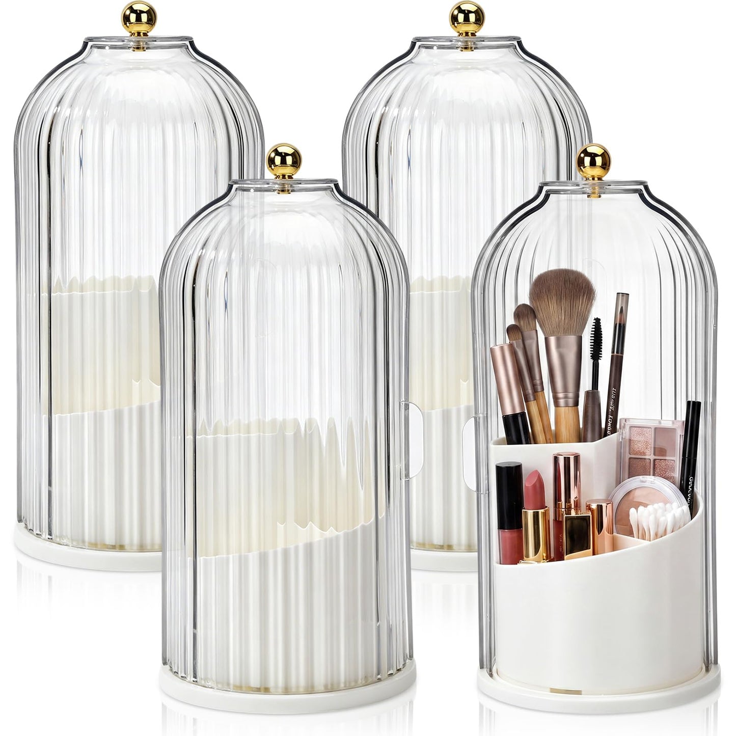 Novabright 4 Pack Makeup Brush Holder with Lid 360° Rotating Makeup Brush Organizer with 3 Compartments Dustproof Cosmetic Storage for Vanity Bathroom Countertop (Transparent)