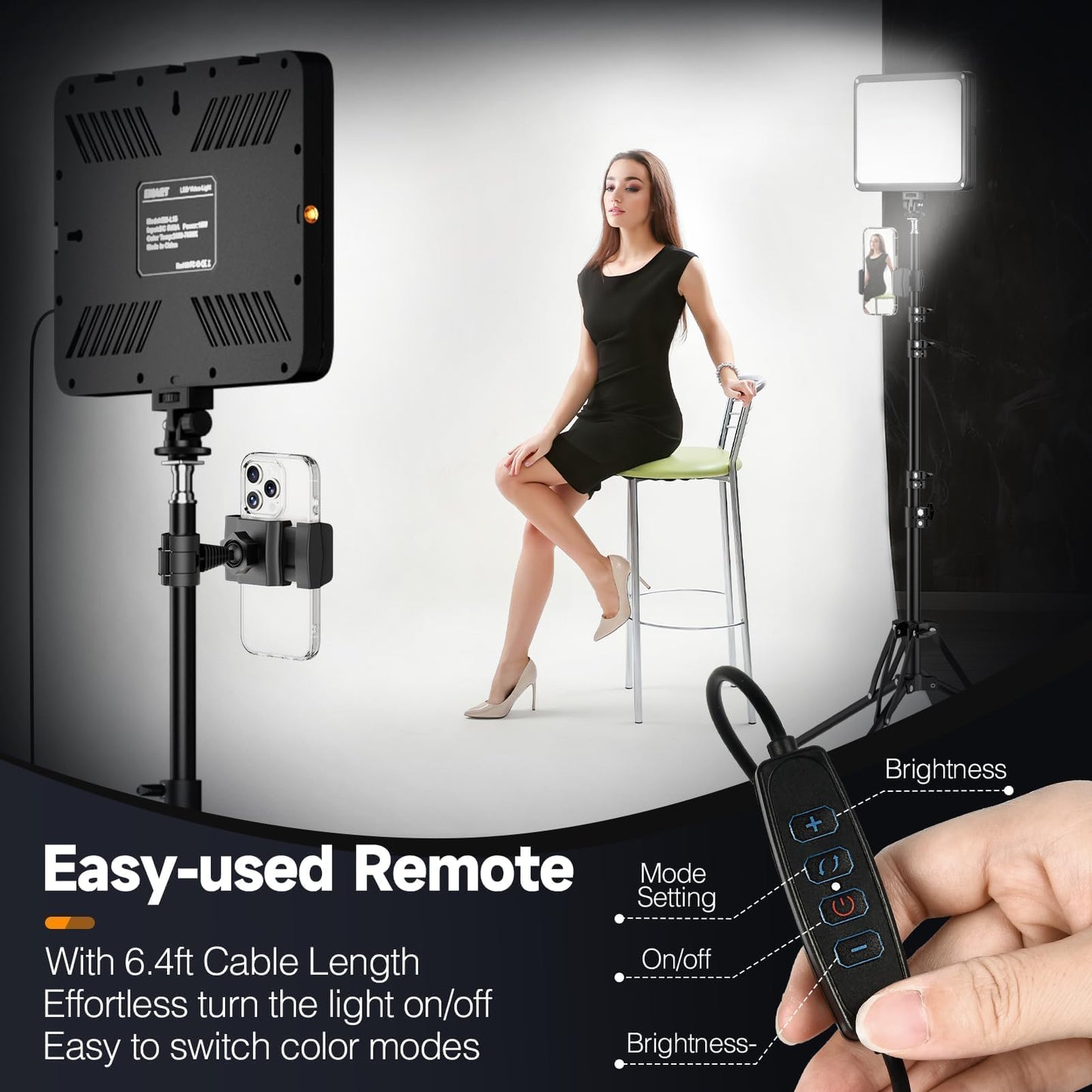 EMART LED Video Light Kit with Phone Holder & Barndoor, 2800-7000K Dimmable Studio Lights for Video Recording, 73'' Height for Live Streaming, YouTube, Vlog, Photography, Content, Podcast, 2-Pack