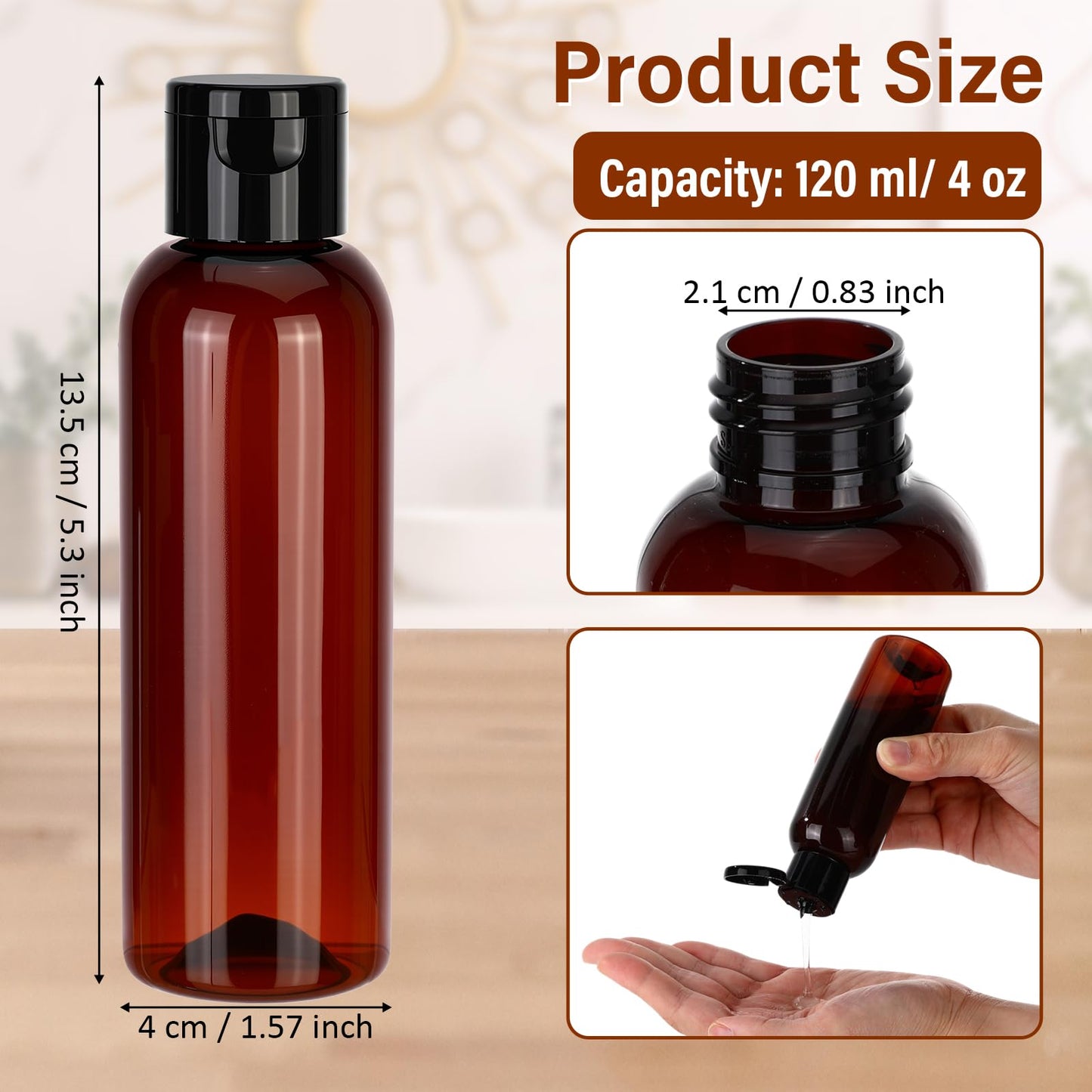 Mimorou 50 Pcs Plastic Squeeze Bottle with Cap Empty Amber Refillable Container Small Travel Toiletry Bottle for Lotion Shampoo Oil Body Soap Creams(Flip-top Lid,4oz,Brown/black)