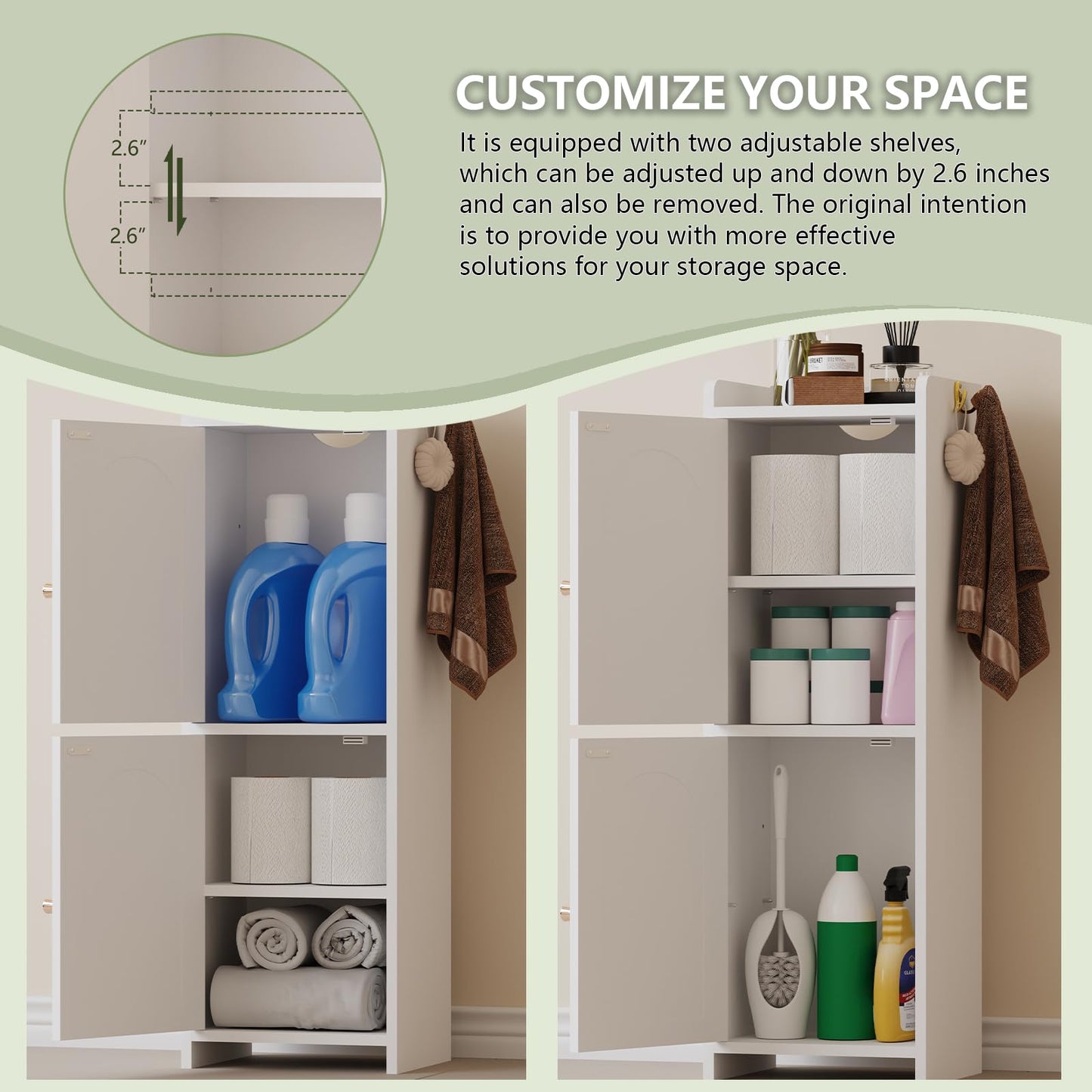 Arbuxzuy Small Bathroom Storage Cabinet,Corner Floor Cabinet with 2 Doors and Adjustable Shelf, Narrow Toilet Paper Cabinets with 2Hooks,Toilet Organizer for Small Spaces，7.87"D*9.84"W*29.72"H(White)