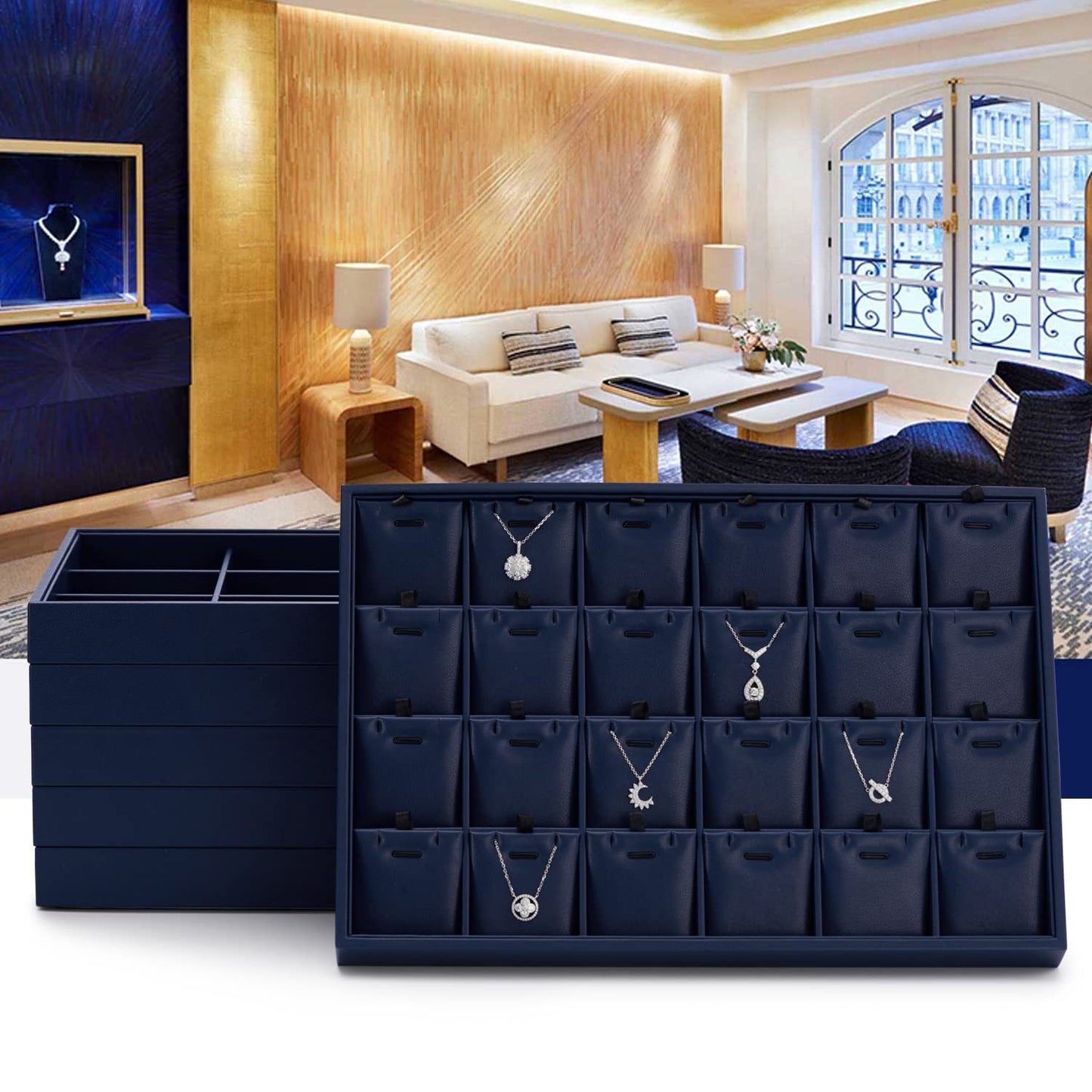 Oirlv Elegant Blue Jewelry Display Tray Stackable Jewelry Trays Jewelry Drawer Organizer Rings Earrings Necklace Storage