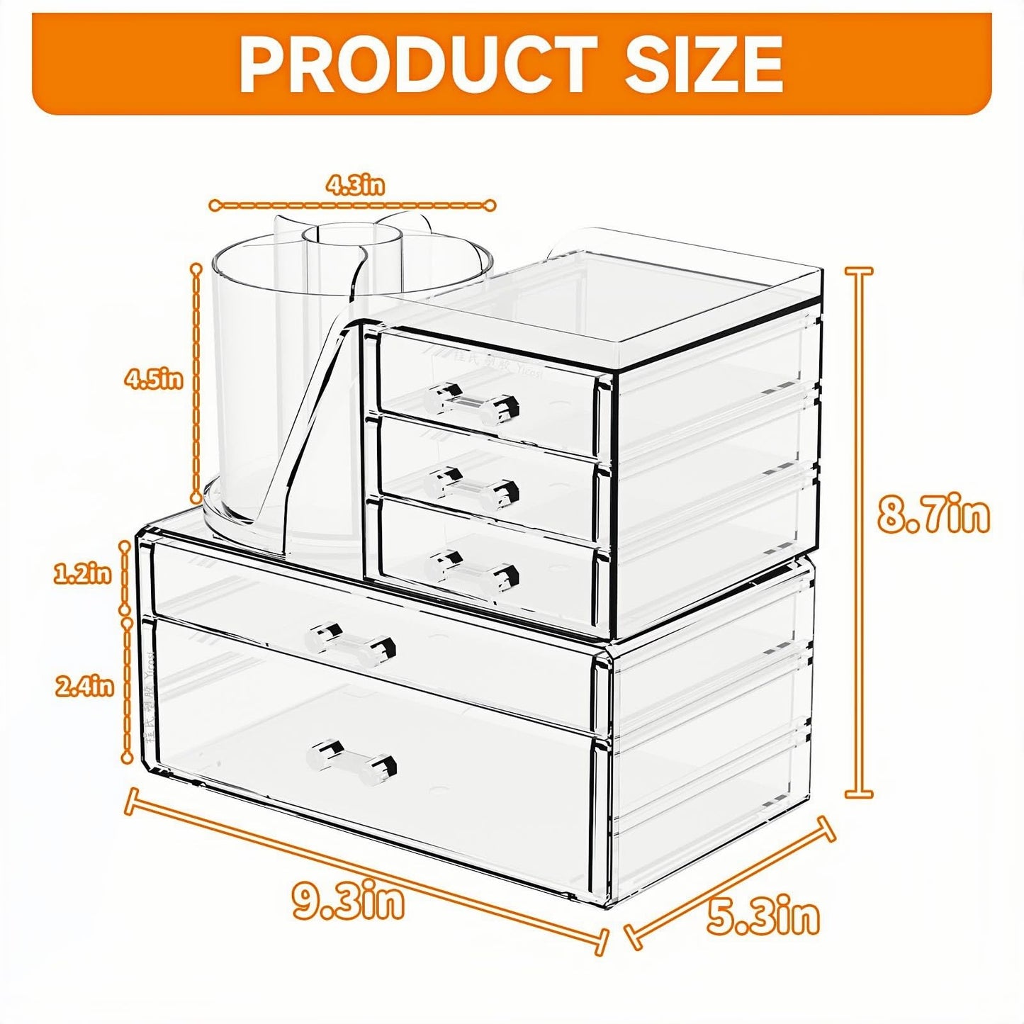 Mjepludh Clear Acrylic Makeup Organizer Countertop 360° Rotating & Removable Storage Tower, 5 Drawers Vanity Organizer for Lipstick, Brush, Skincare Makeup Storage for Dresser, Bathroom or Desk