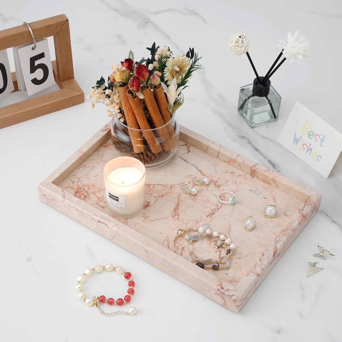MULWR Marble Bathroom Tray,Pure Natural Vanity Tray,Marble Trays for Kitchen Counter Non-Ceramic/Non-Resin,Stone Tray 12 x 8 inch (Pink) ﻿