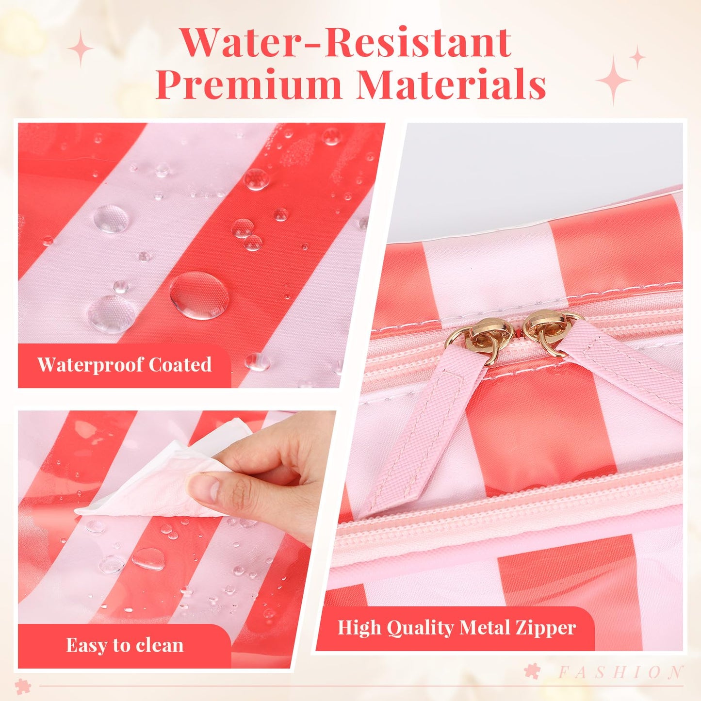 SilTriangle Travel Toiletry Makeup Bag for Women, Striped Waterproof Polyester Cosmetic Bag with Handle, Portable Organizer Case with Fold-out Compartments for Skincare, Conditioner, Brushes(Orange)