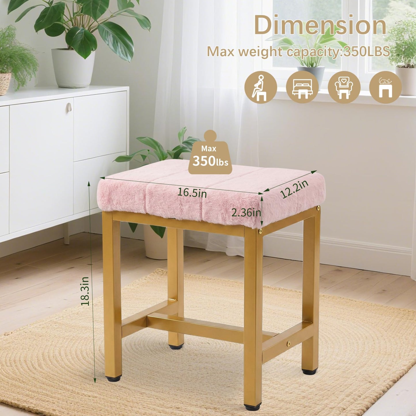 FLYZC Vanity Stool Chair, Square Faux Fur Makeup Chair with Metal Legs, Cute Small Ottoman Vanity Bench, Foot Stool Chair for Vanity for Bedroom, Living Room, Bathroom, Pink & Gold