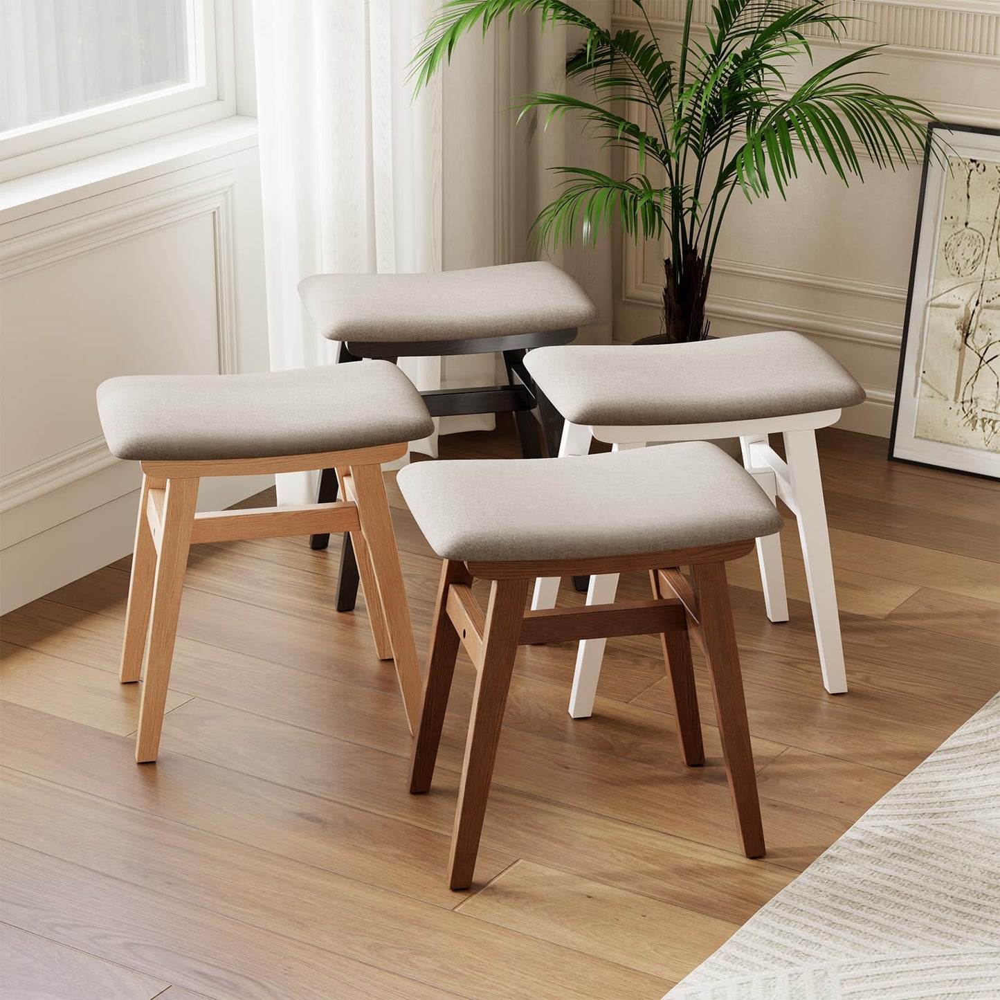 DONGMUWUJEE Solid Wood Small Vanity Stool Chair, Makeup Stools for Vanity Desk, Bathroom Vanity Chair, Padded Foot Stool for Living Room, Ottoman Foot Rest for Couch, Small Bench for Entryway, Black