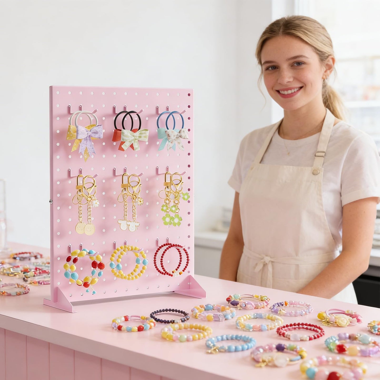 Pegboard Display Stand With 15 Peg Hooks for Retail Craft Shows & Fairs, Pink Metal Merchandise Display Rack for Selling Accessories, Display Stands for Boutique, Stores, Vendors & Events - 17x13Inch