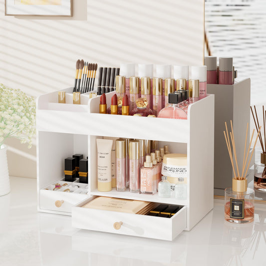 Wisuce Essentials Large Makeup Organizer with Drawers, Bamboo Countertop Cosmetic Storage for Dresser Vanity Organizer Beauty Desk Skincare Holders Container Make Up Organizing for Lipstick