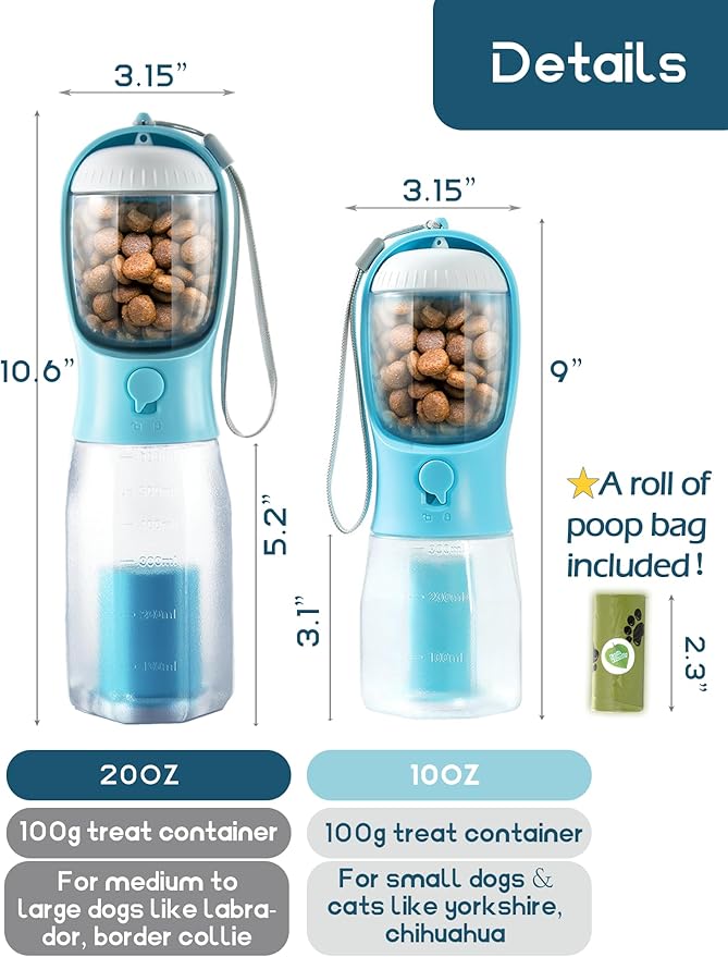 Portable Water Bottle for Small Dogs, 3 in 1 Pet Travel Bowl Dispenser with Food Treat Container & Poop Bag Holder, Summer Walking Hiking Accessories for Puppy On The Go - Blue, 10oz