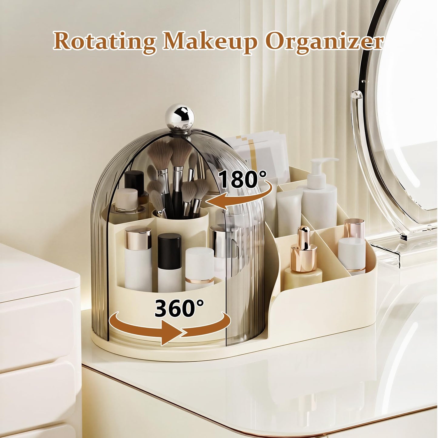 360 Rotating Makeup Organizer with Clear Dust Lid, Multi-compartment Perfume & Makeup Brush Holder, Large Capacity Vanity Desk Storage for Cosmetics, Skincare, Kitchen, Pantry, Bathroom Countertop