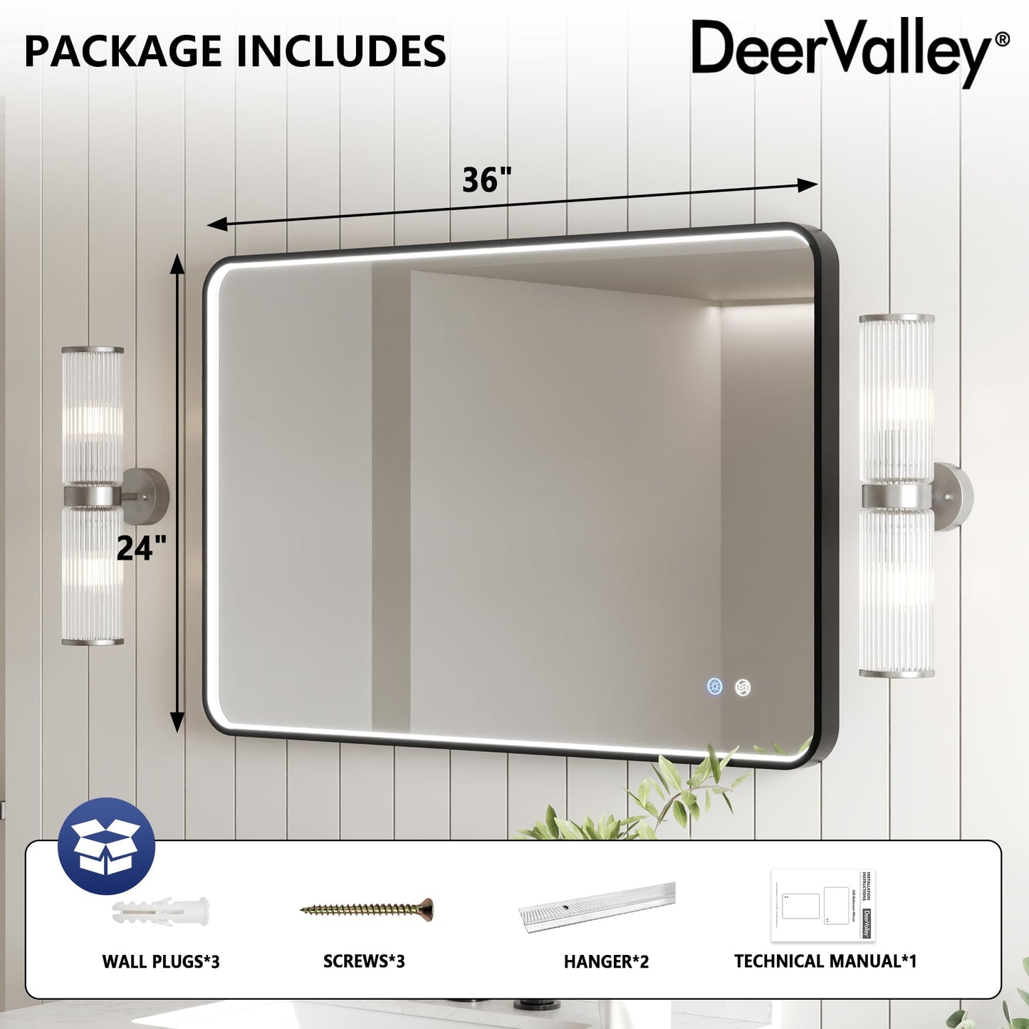 DeerValley 24"x 36" LED Bathroom Vanity Mirror, Wall Mounted Lighted Mirrors with Black Metal Frame, Anti-Fog, Memory Funtion, Stepless Dimmable Wall-Mounted Led Mirror for Bathroom