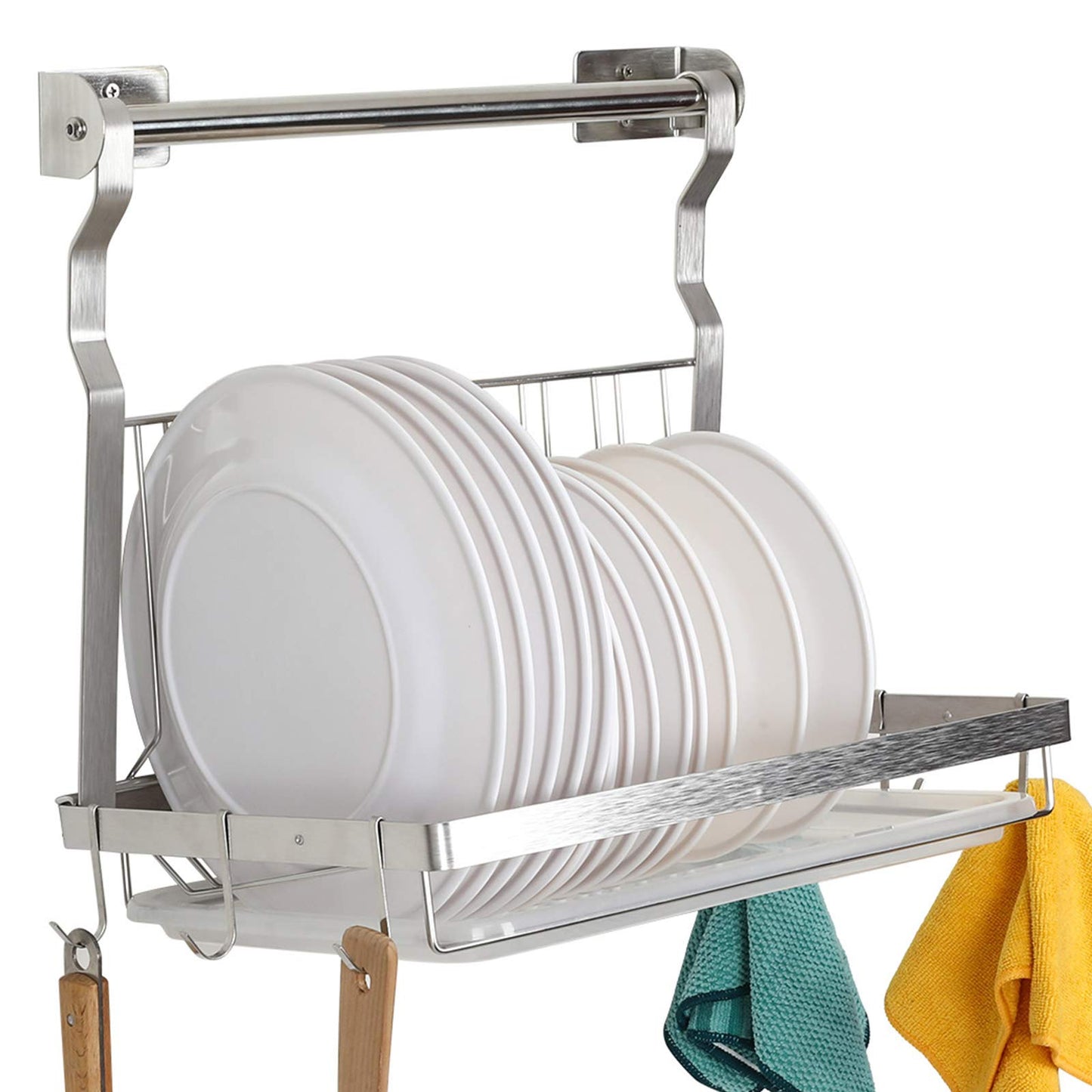 TQVAI Over Sink Dish Drainer Drying Rack, Stainless Steel Foldable Wall Mounted Dish Racks with Drainboard Hanging Rod and Sponge Holder, Silver