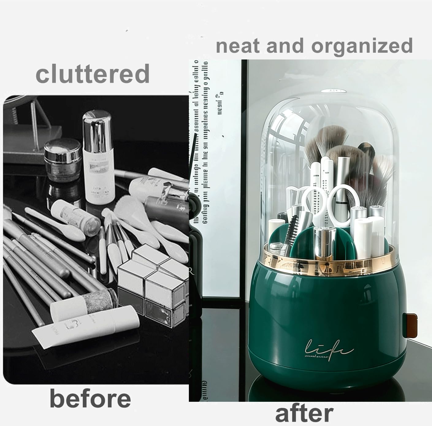 YZEASYPINK 360 Rotating Makeup Brush Holder with Lid,Clear Dustproof Make Up Organizers for Vanity Countertop,Includes a Foldable Bowl for Cleaning Makeup Brush,Transparent, Dustproof-Green