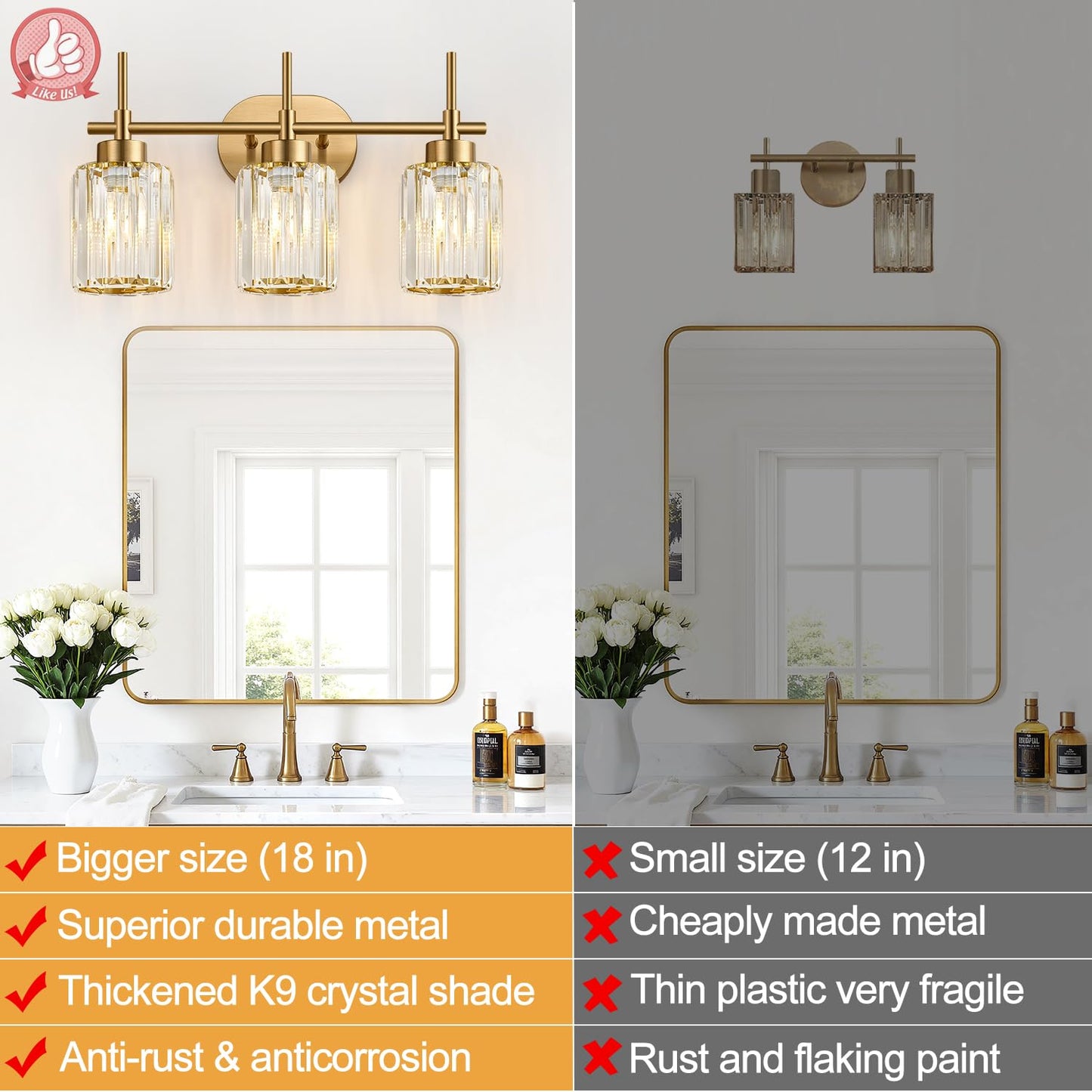 Meybiok Modern Crystal Bathroom Vanity Light, 3-Light Brushed Gold Bathroom Light Fixtures with Clear Shades, Vanity Lighting Fixtures Over Mirror (Exclude Bulb)