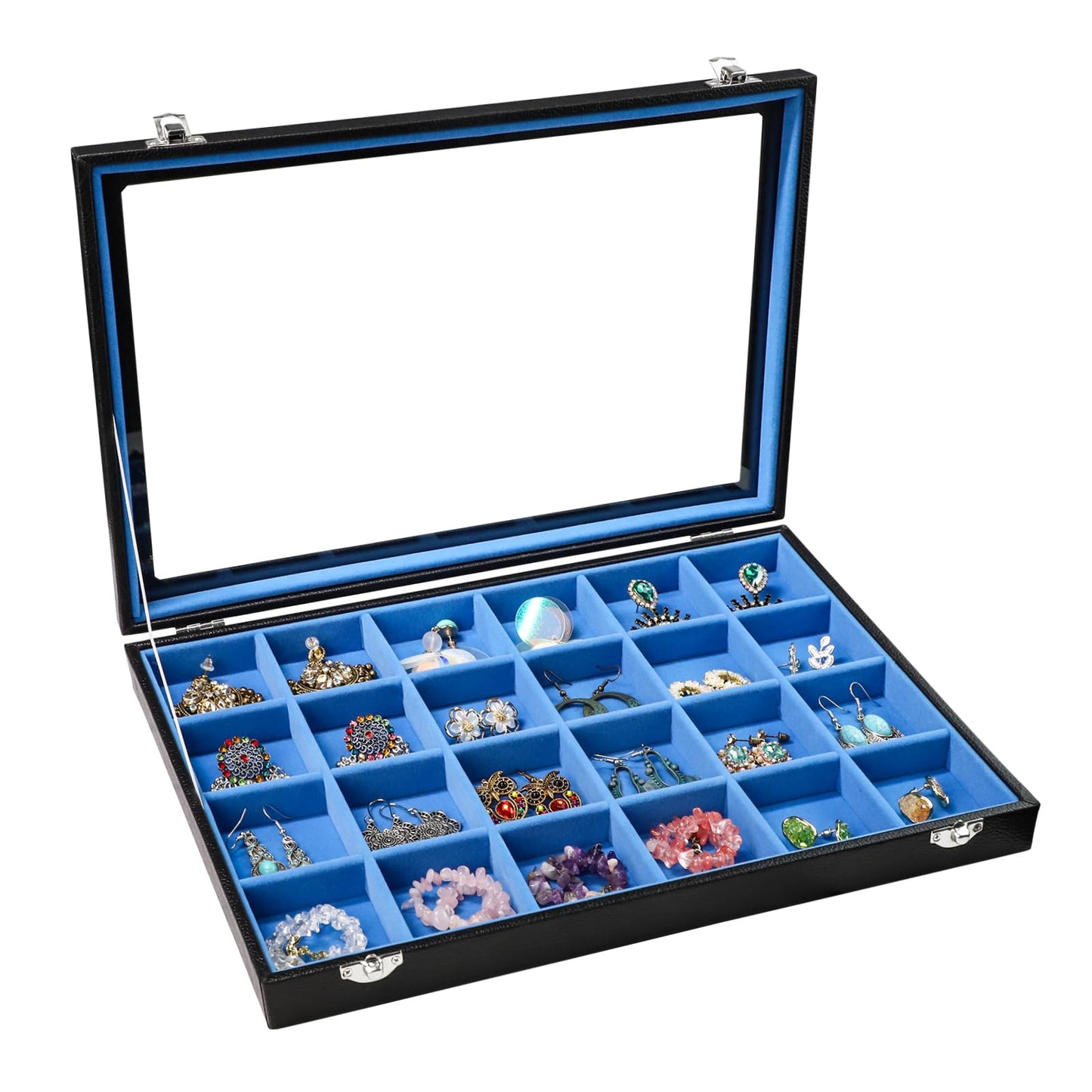 Stratalife Earring Organizer Jewelry Tray with See-through Lid Jewelry Holder Organizer Jewelry Organizer Box Jewelry Storage Crystal Holder Rock Collection Box 24 Grid (Blue Black)