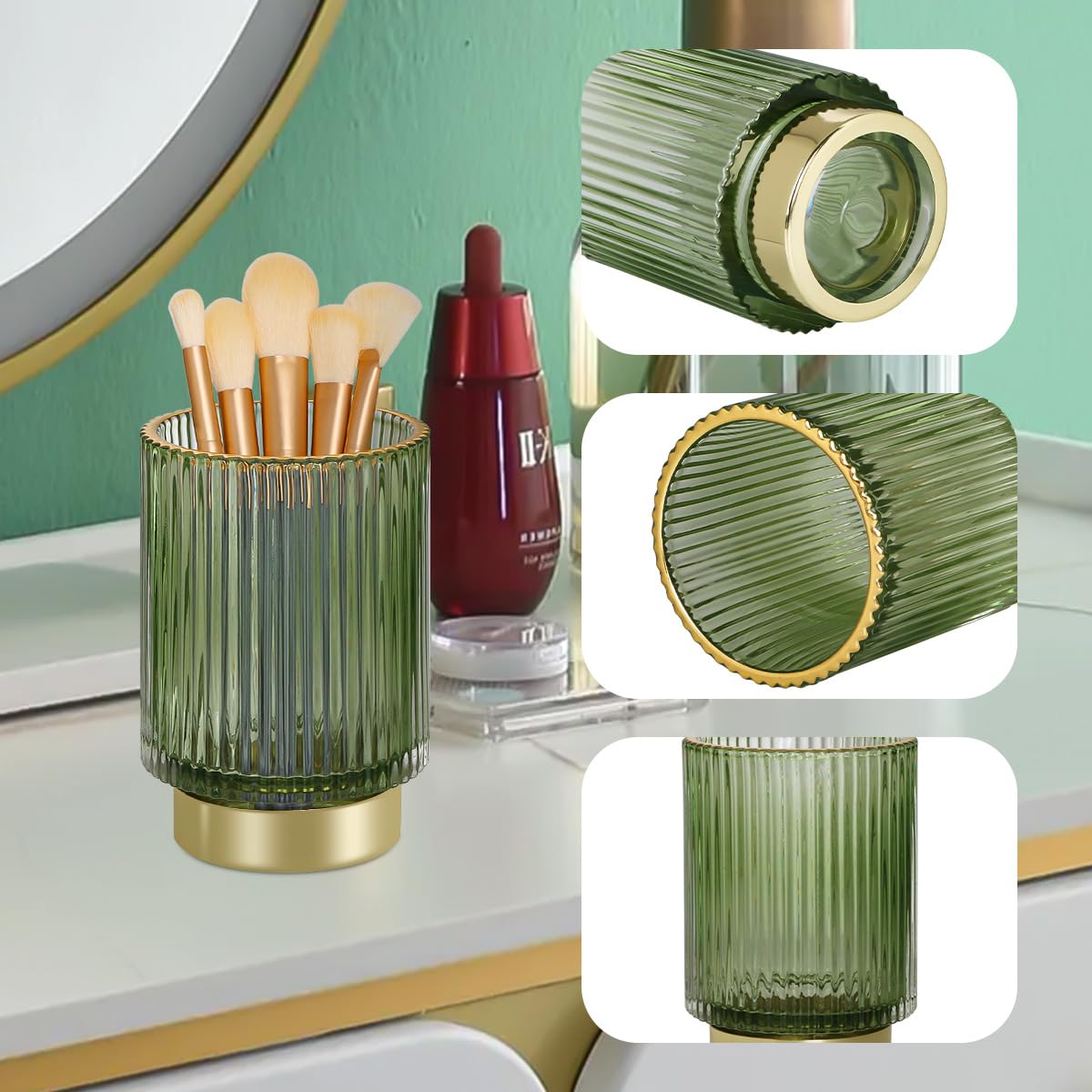 Fvstar Glass Makeup Brush Holder, Green Makeup Brush Holder for Vanity, Toothbrush Holders for Bathrooms, Desktop Makeup Organizer for Cosmetic, Brushes, Pen, Pencil