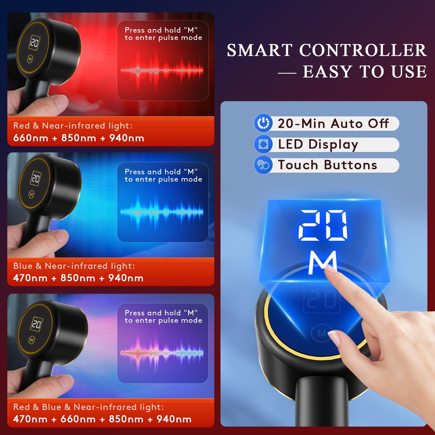 UTK Handheld Blue & Red Light Therapy Device with 4 Wavelengths (470/660/850/940nm), Near Infrared Red Light Deeply Pain-Relief, Red Light Therapy for Body & Face, Portable Gift for Women