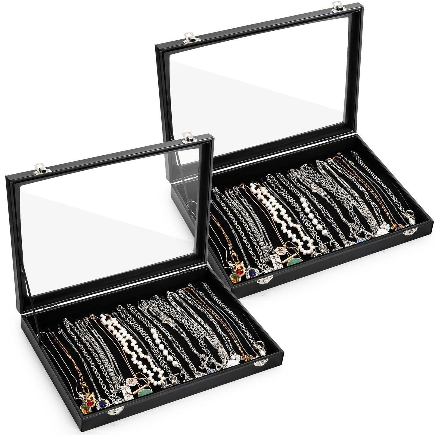 Elsjoy 2 Pack Necklace Organizer Box, Premium Necklace Display Cases with Transparent Glass Lid, Black Velvet Necklace Storage Holder Box, 40 Hooks (20 Per Box)