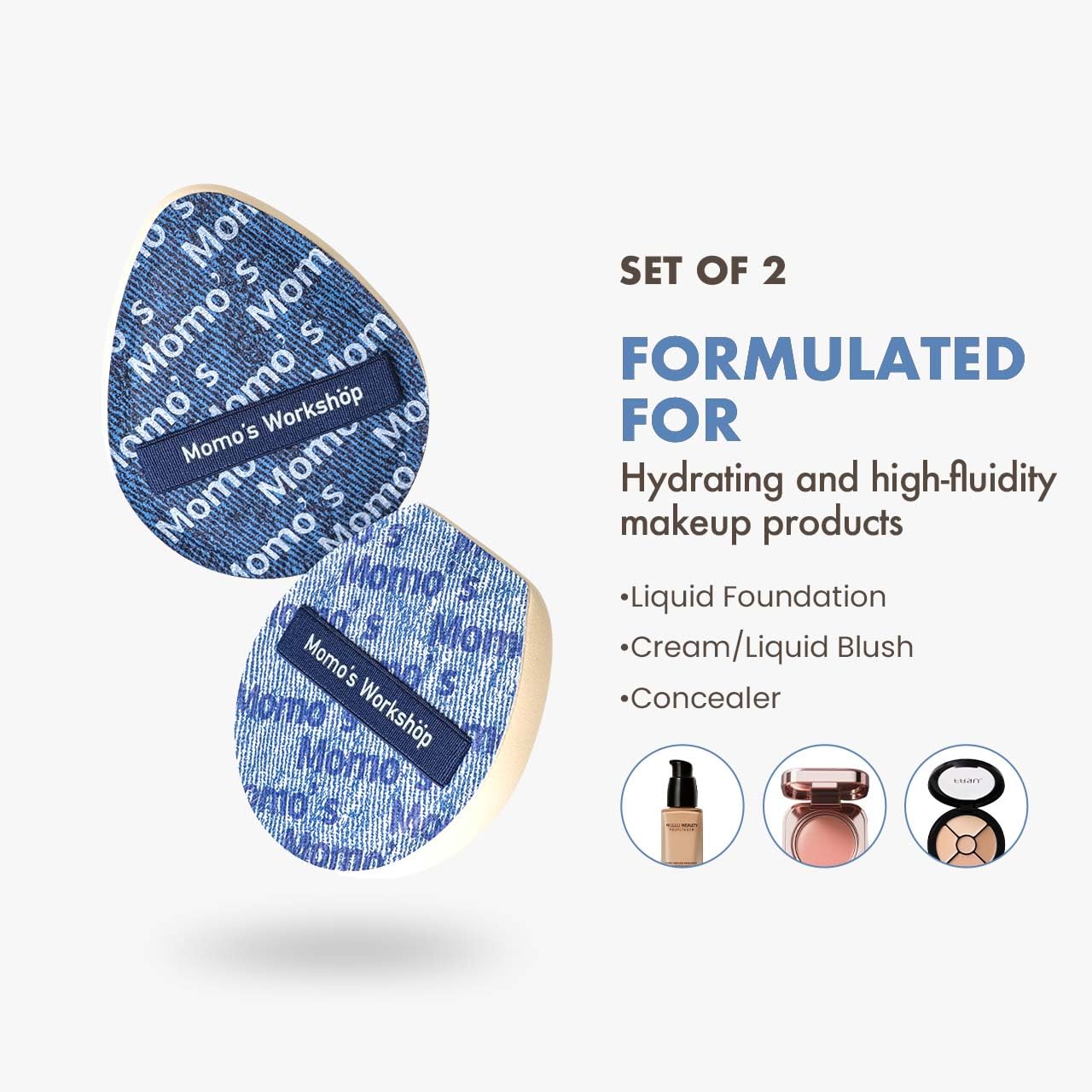 Momo's Workshop Blue Denim Makeup Sponges,Super Soft Blenders for Liquid Foundation, Dual Design (Egg + Flat Edge), Natural Skin-Like Finish, Makeup Puffs for Blending,Travel Friendly,2pcs
