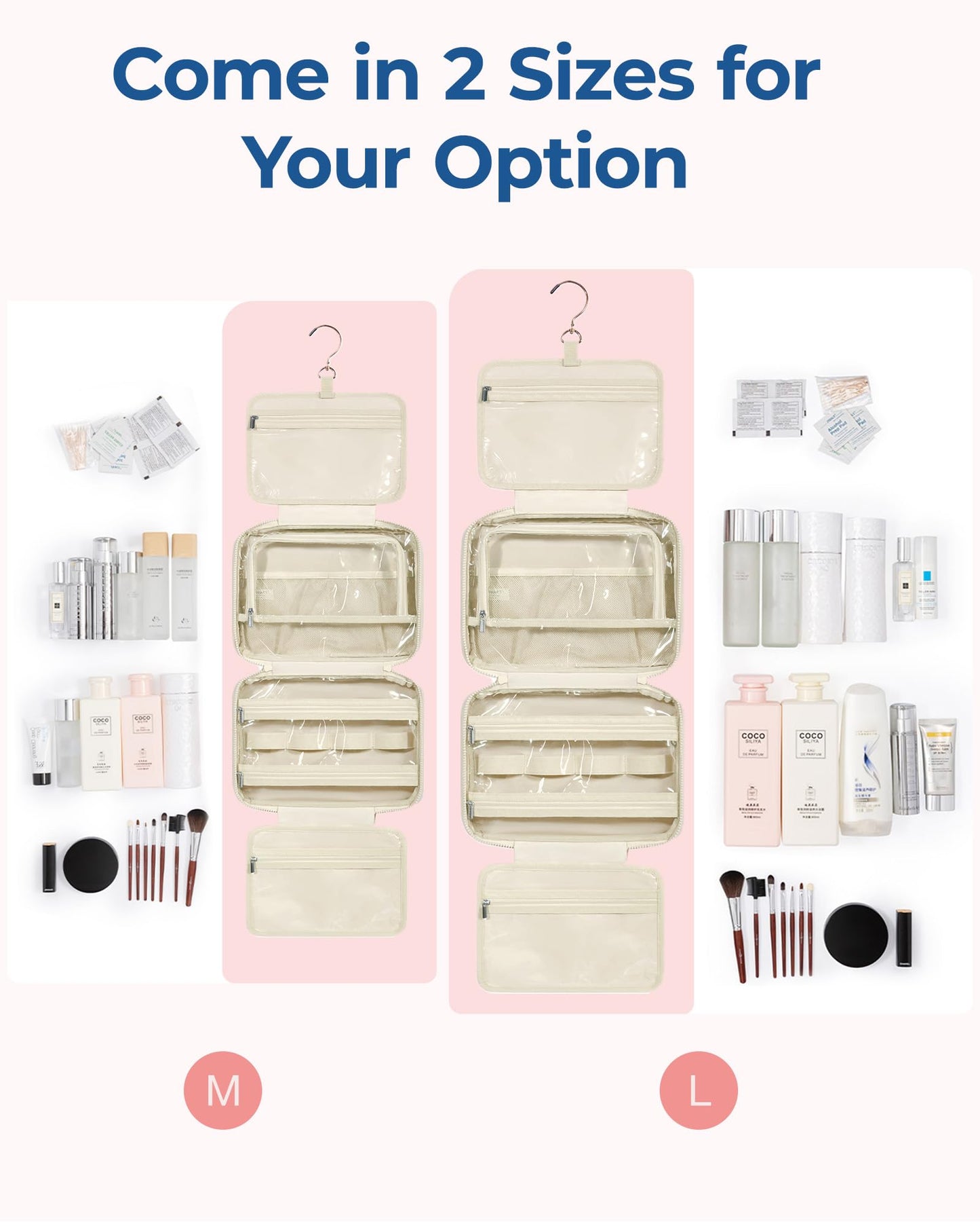 BAGSMART Travel Toiletry Bag with Jewelry Organizer, Hanging Travel Bag for Toiletries, Puffy Makeup Cosmetic Bag Organizer, Carry-on Travel Accessories Essentials, Beige-L