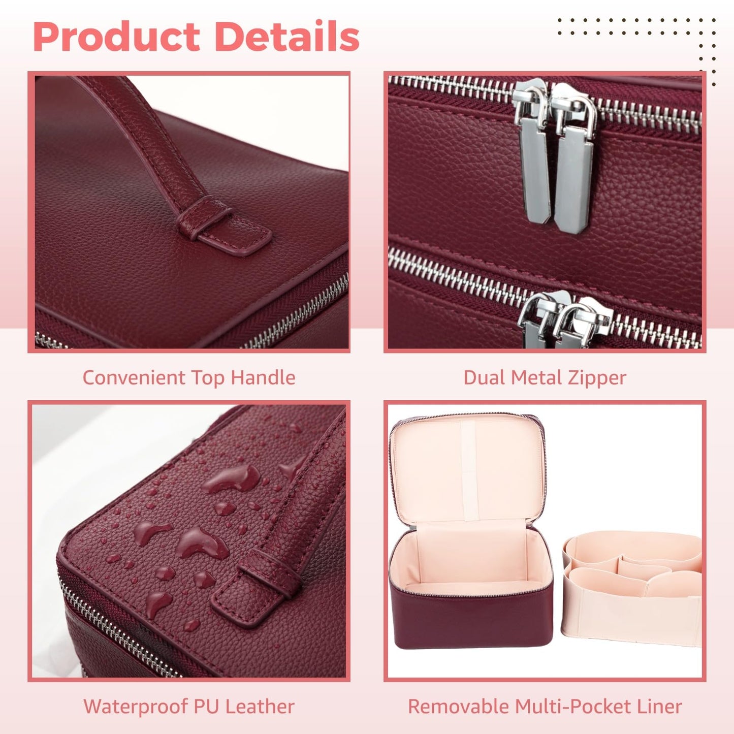 Makeup Vanity Bag for Women - Large Capacity Cosmetic Organizer with Removable Liner, Waterproof PU Leather Skincare Bag, Portable Chic Cosmetic Make Up Case for Skincare, Accessories,StyleC, Burgundy