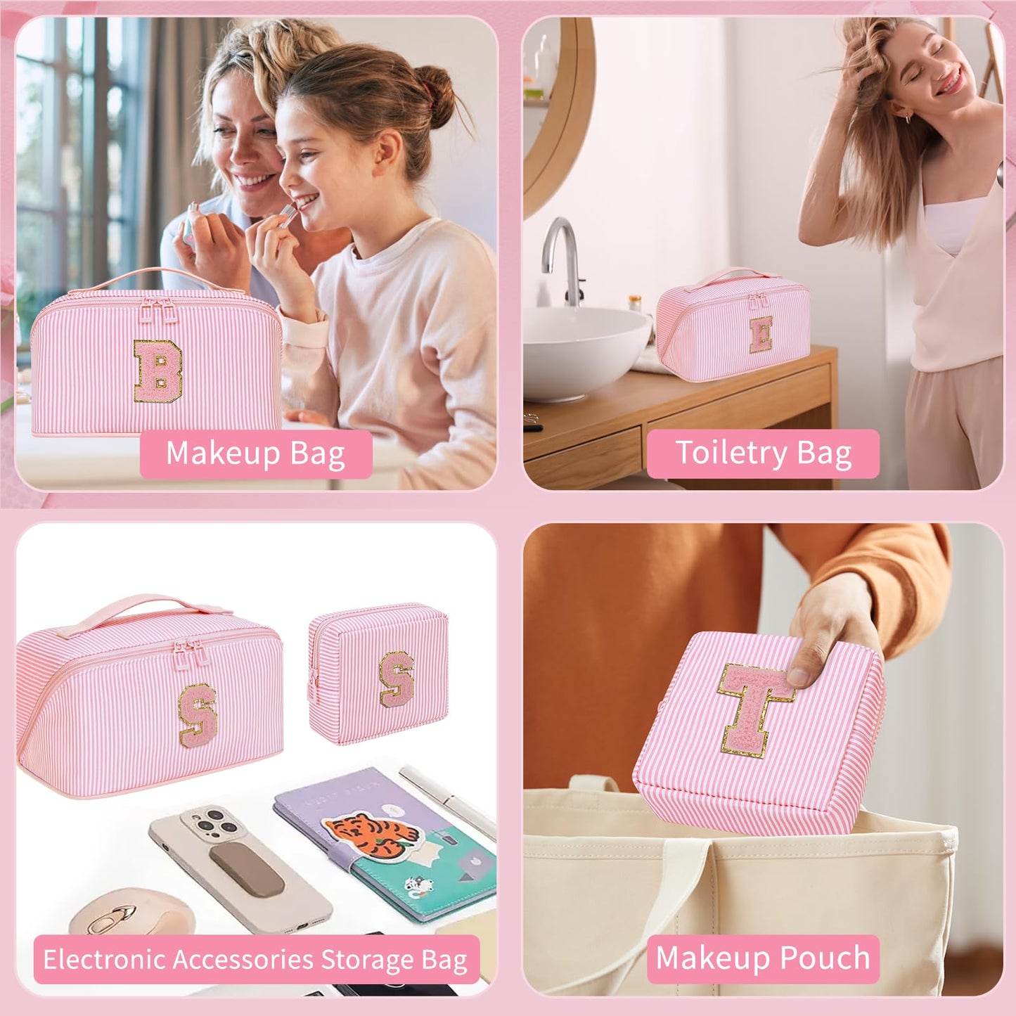 Initial Makeup Bag, Personalized Cosmetic Bag, 2Pcs Large Capacity Make Up Bag for Women, Open Flat Make up Cosmetic Organizer with Handle,Portable Make Up Organizer Pouch for Women - C